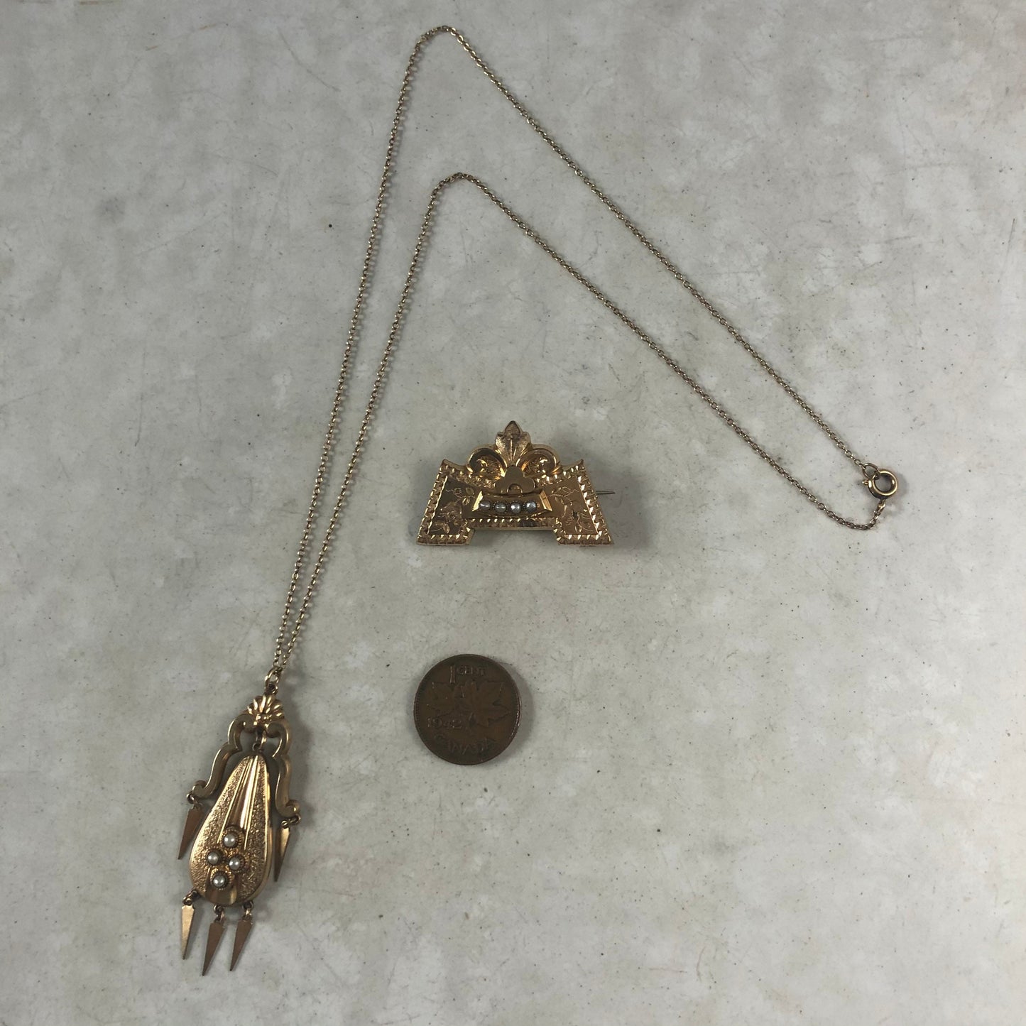 Victorian Gold Filled Seed Pearl Necklace and Brooch Set