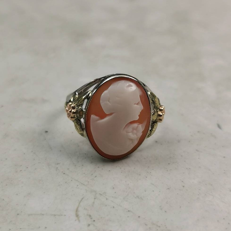 Art Deco 10k White Gold with Rose Gold Green Gold Accent Cameo Ring