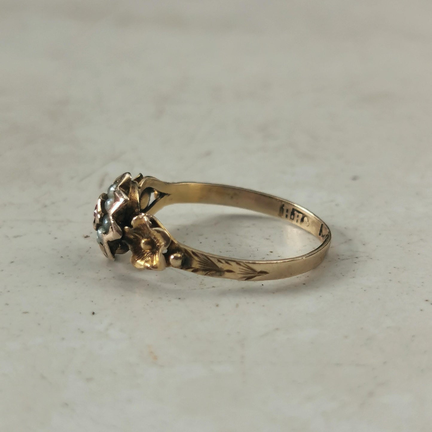 Antique Holland Victorian 19k Yellow Gold Seed Pearl Flower Ring