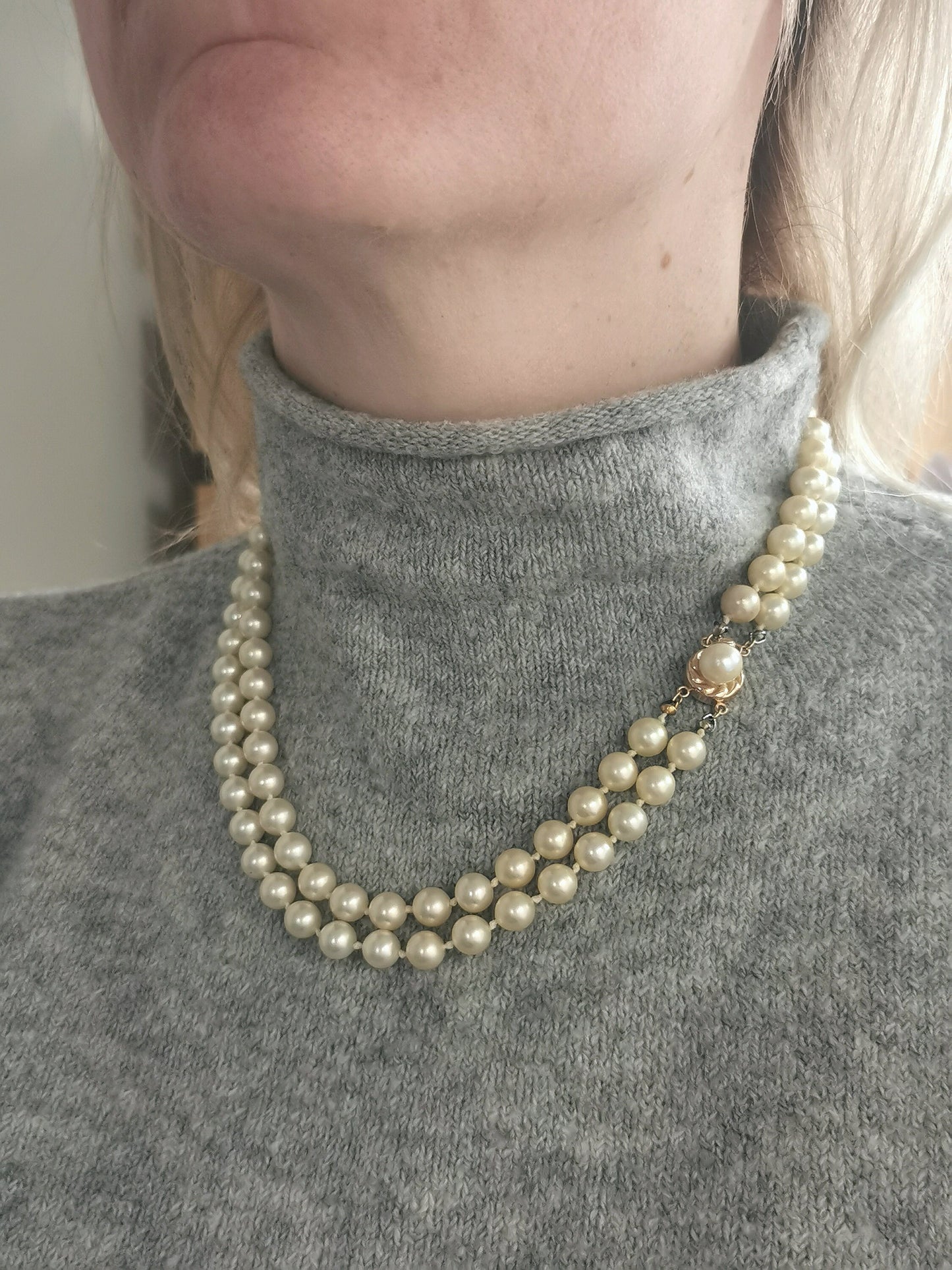 Vintage 14k Yellow Gold High Quality Imitation Double Strand Pearl Necklace - Majorica Pearls