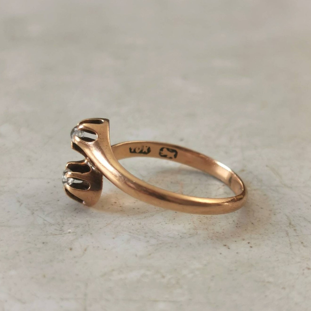 Victorian 10k Yellow Gold Old Mine Cut Diamond Toi & Moi Ring