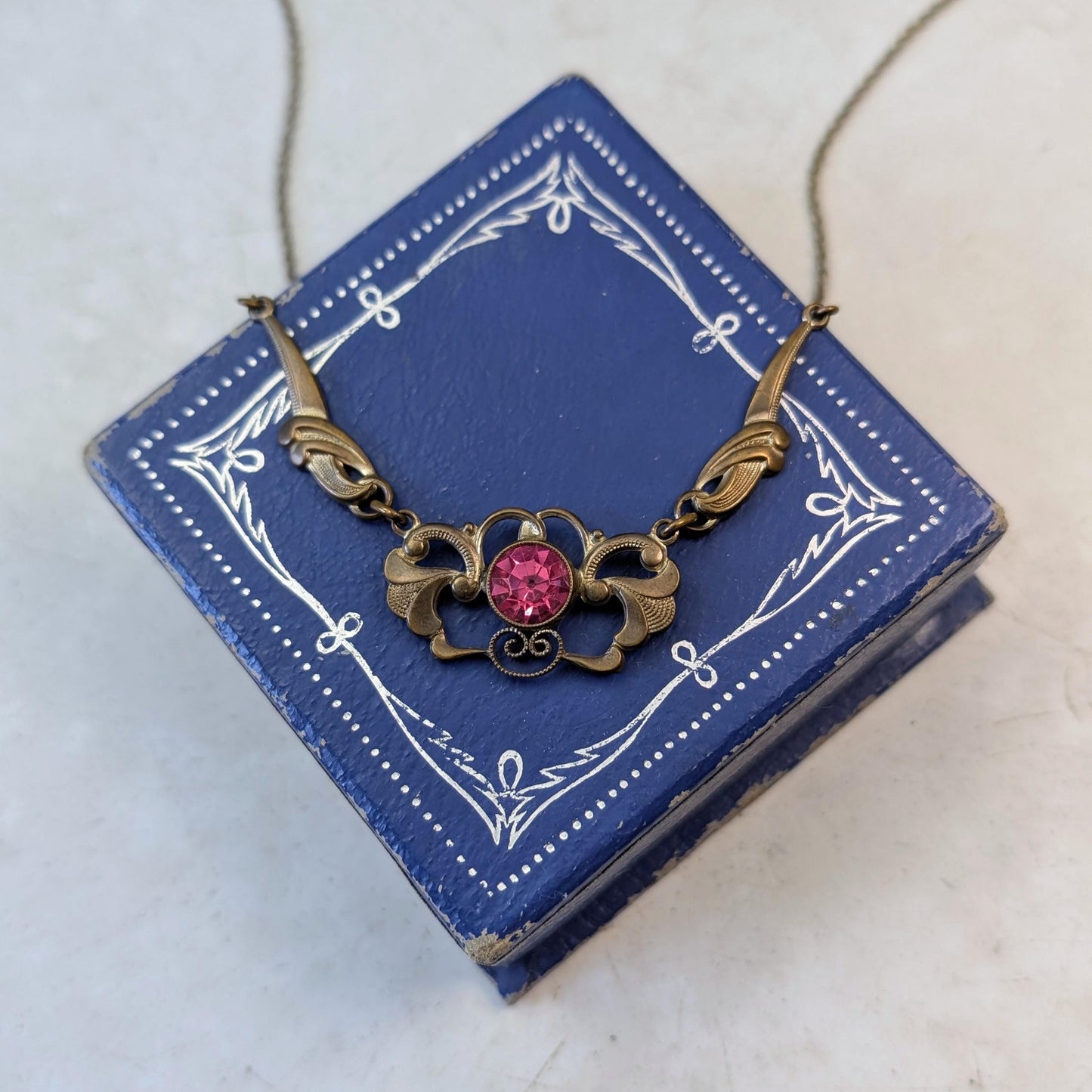 Antique Art Nouveau Brass & Pink Gem Necklace