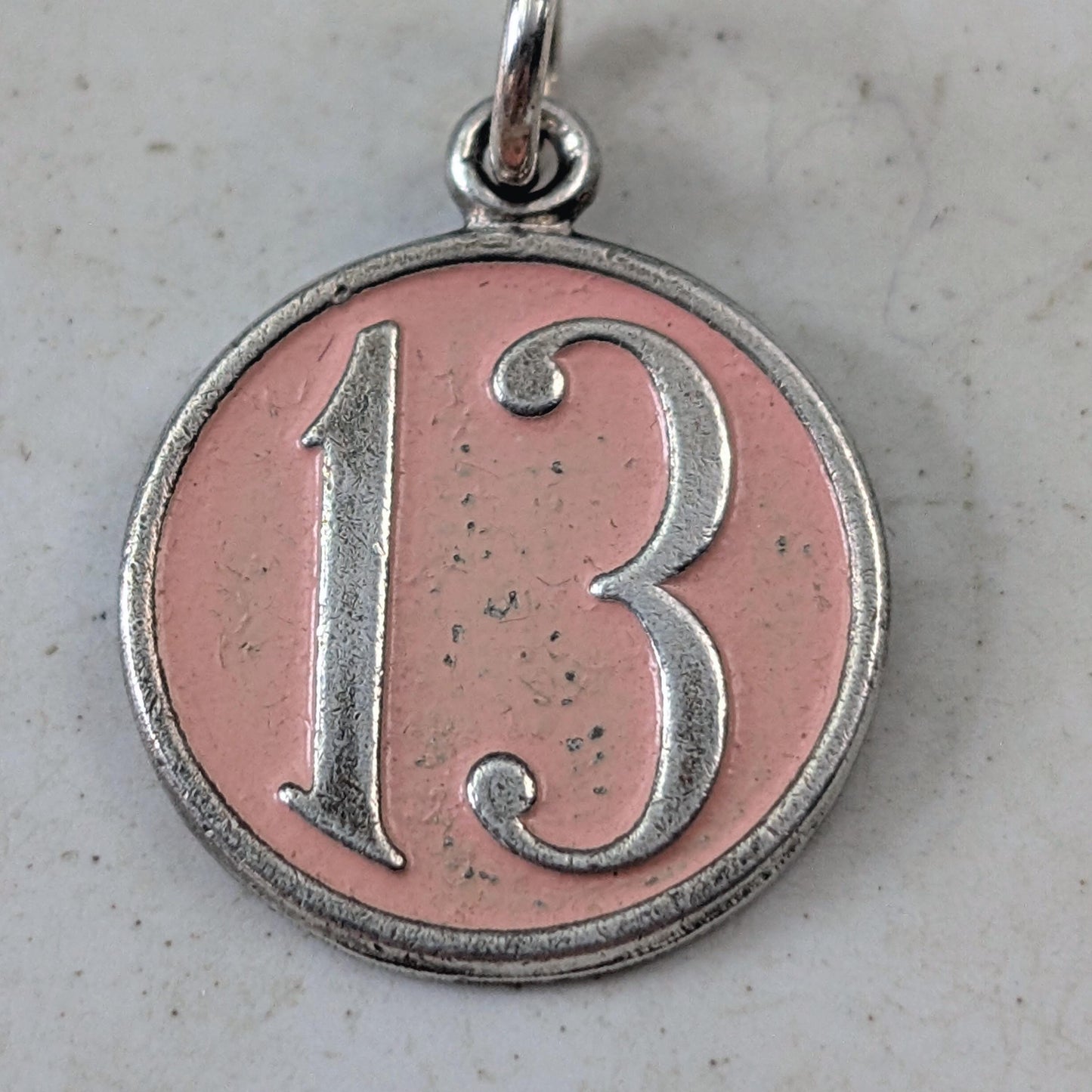 Vintage 1940's Sterling Silver & Pink Enamel Lucky Number 13 Charm