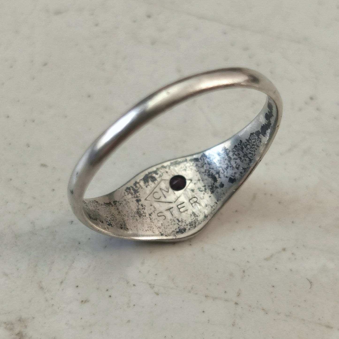 Vintage Sterling Silver Signet Pinky Ring - Initial B with Pink Gem