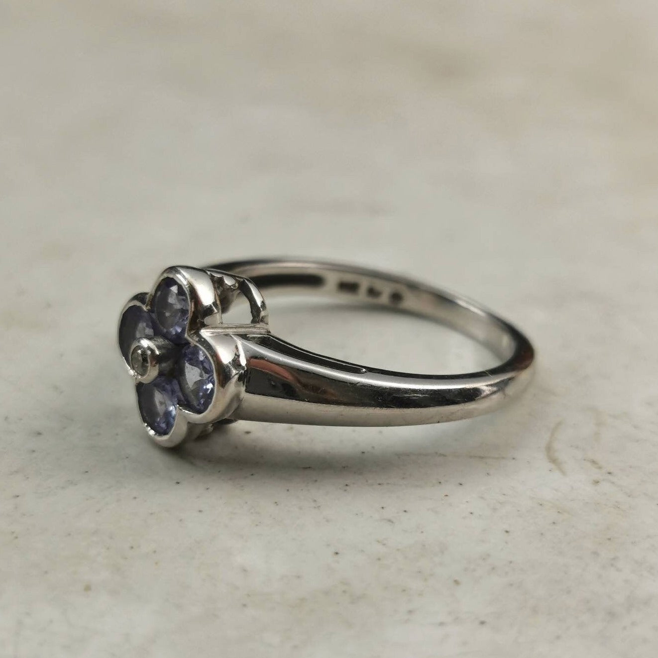 Estate 10k White Gold Tanzanite and Diamond Quatrefoil Flower Ring