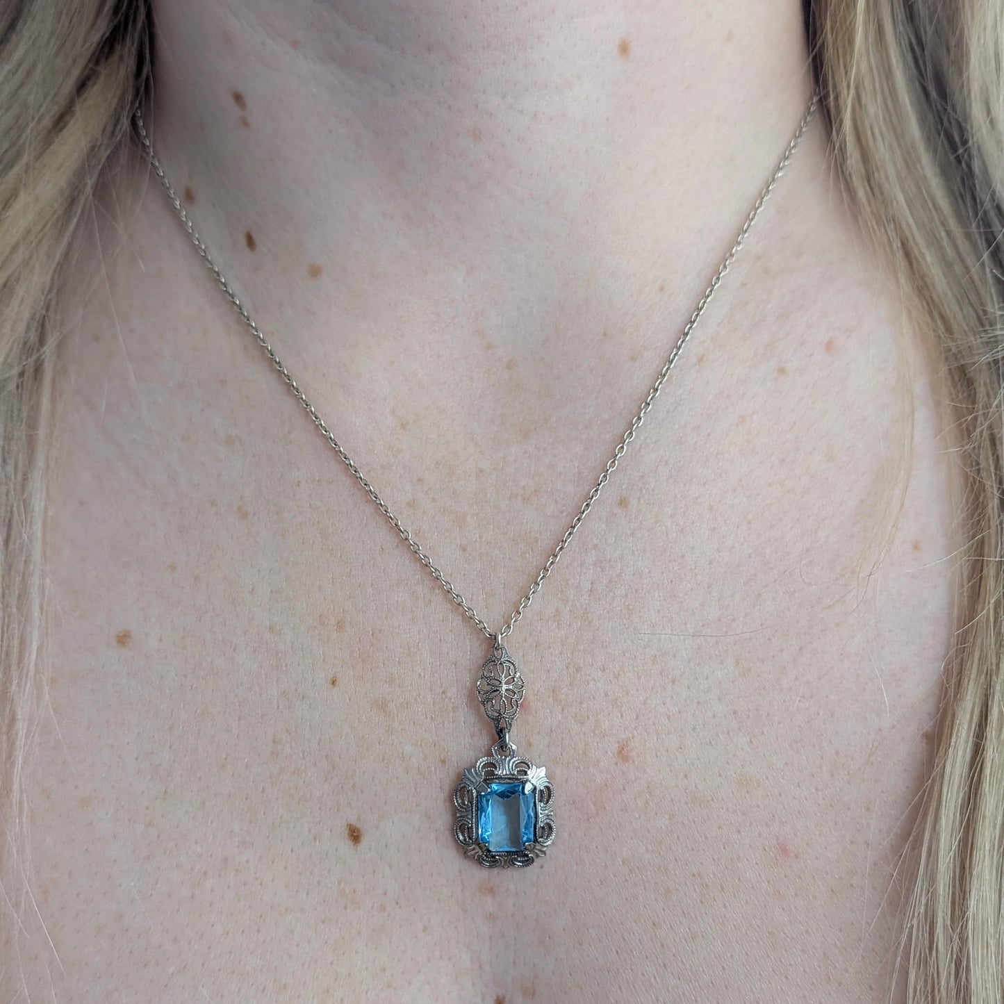Art Deco Sterling Silver Blue Uranium Glass Set - Ring and Lavalier Necklace