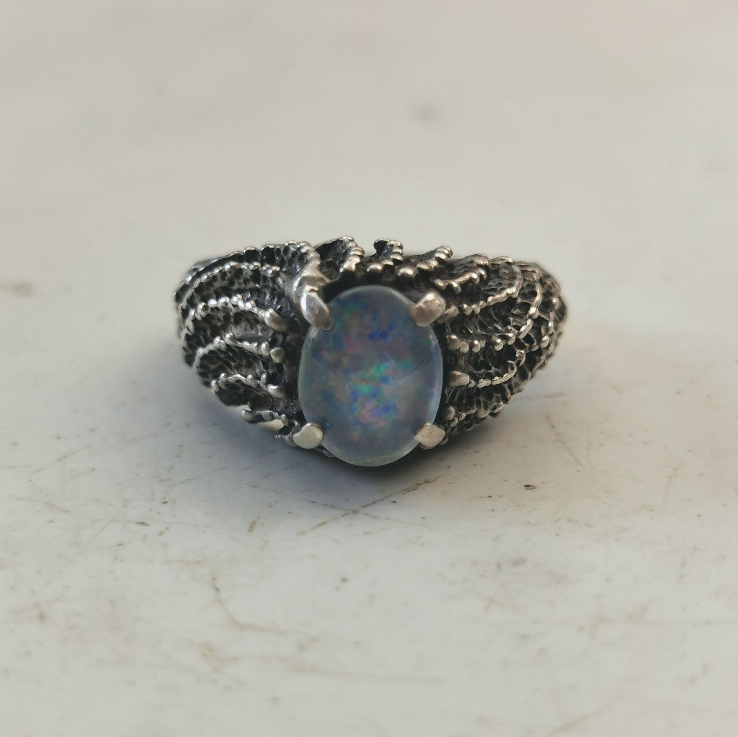 Vintage Mid-century Brutalist Opal Triplet Ring in Sterling Silver