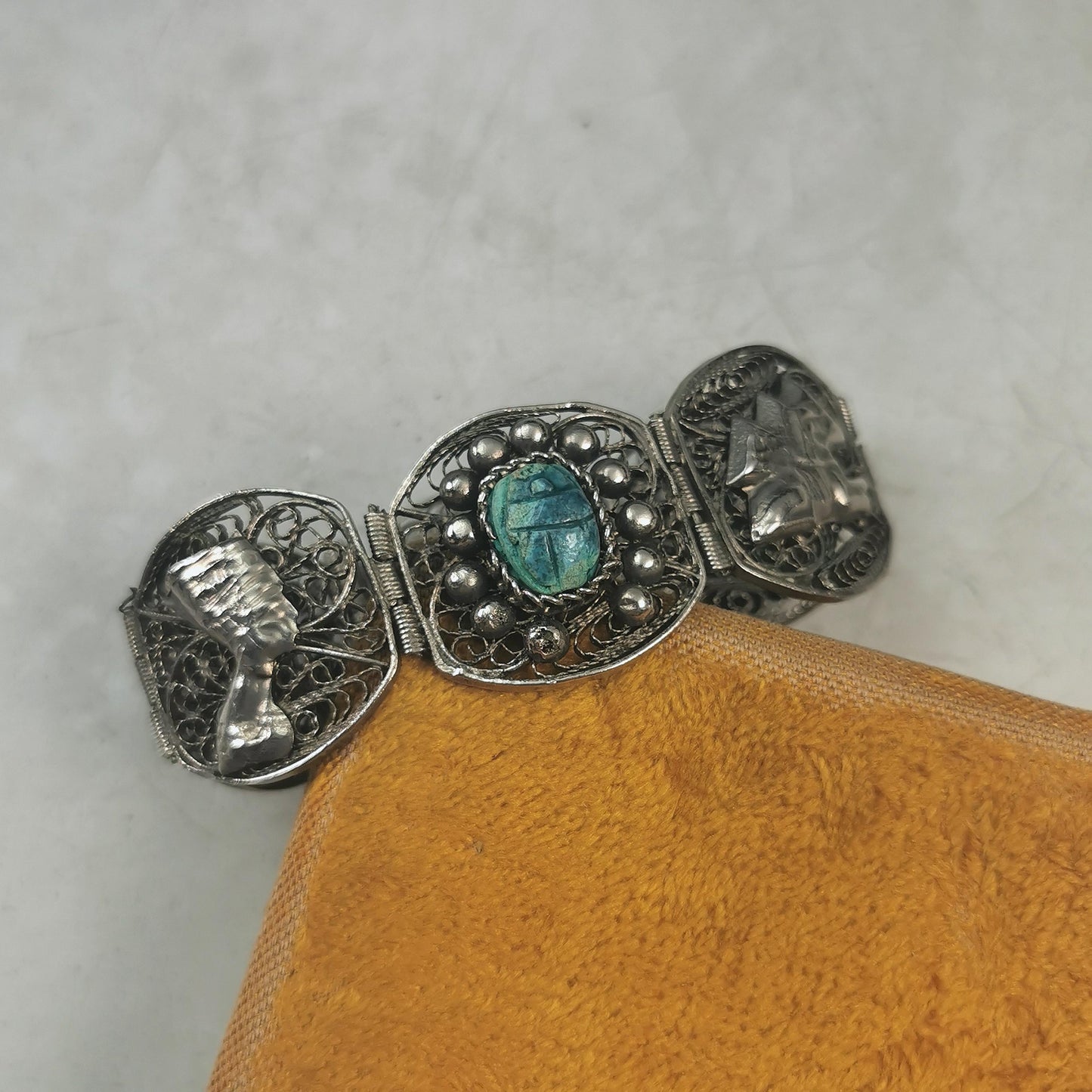 Vintage Egyptian Silver and Faience Scarab Beetle Filigree Bracelet
