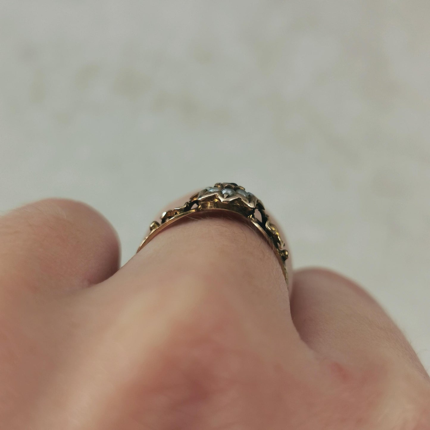 Antique Holland Victorian 19k Yellow Gold Seed Pearl Flower Ring