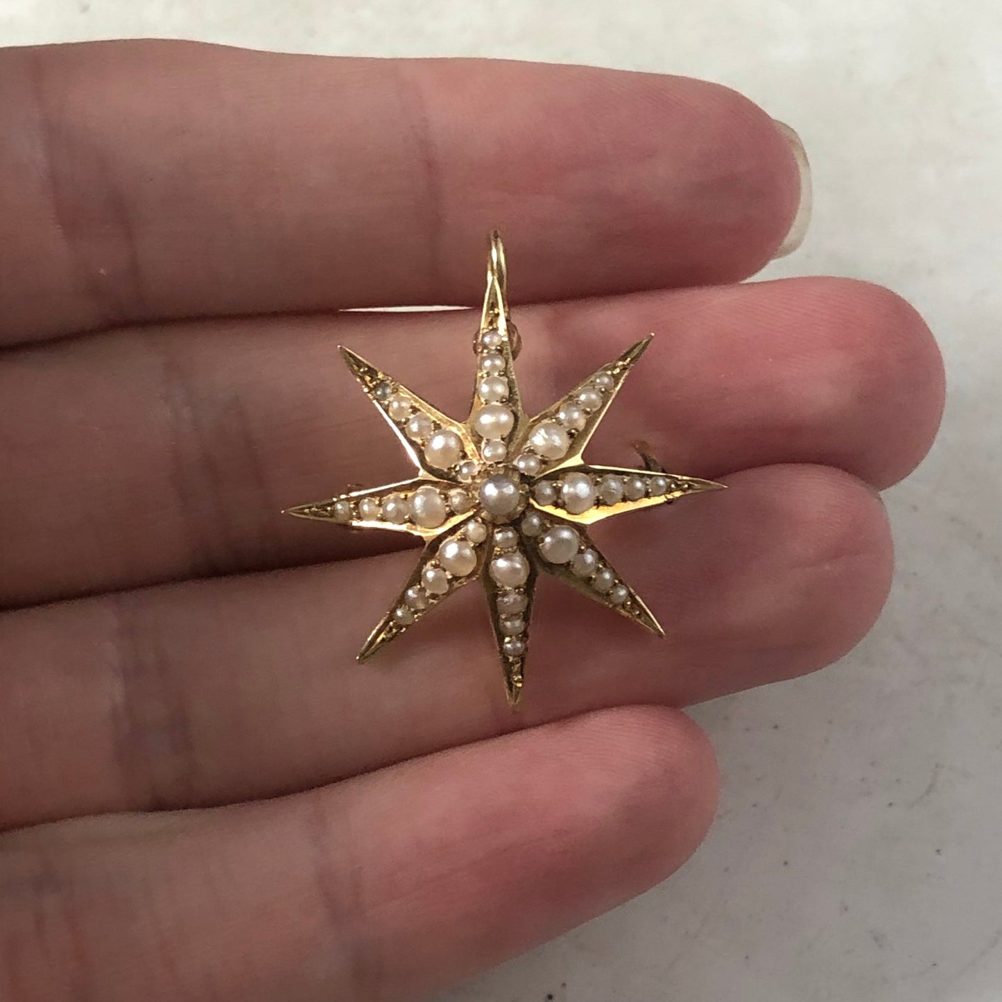 Edwardian 14k Gold Yellow Gold & Seed Pearl Starburst Convertible Pendant Brooch