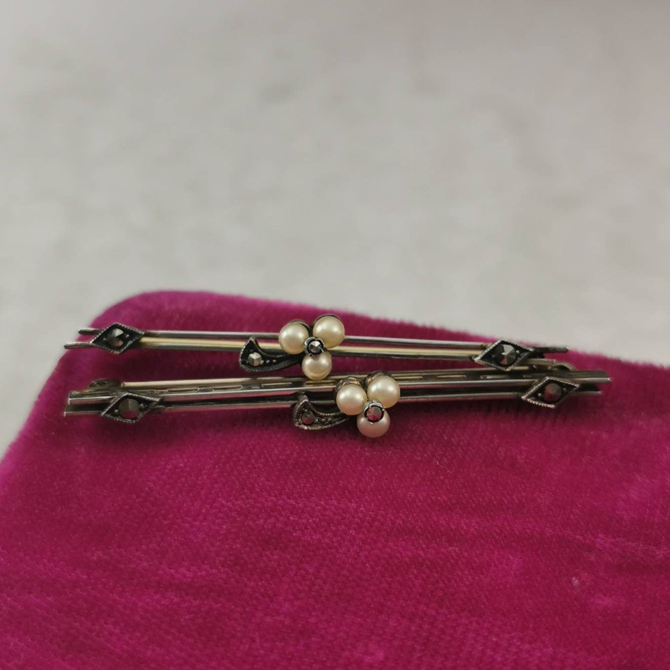 Edwardian Matching Lace Pins Sterling Silver, Pearl and Marcasite