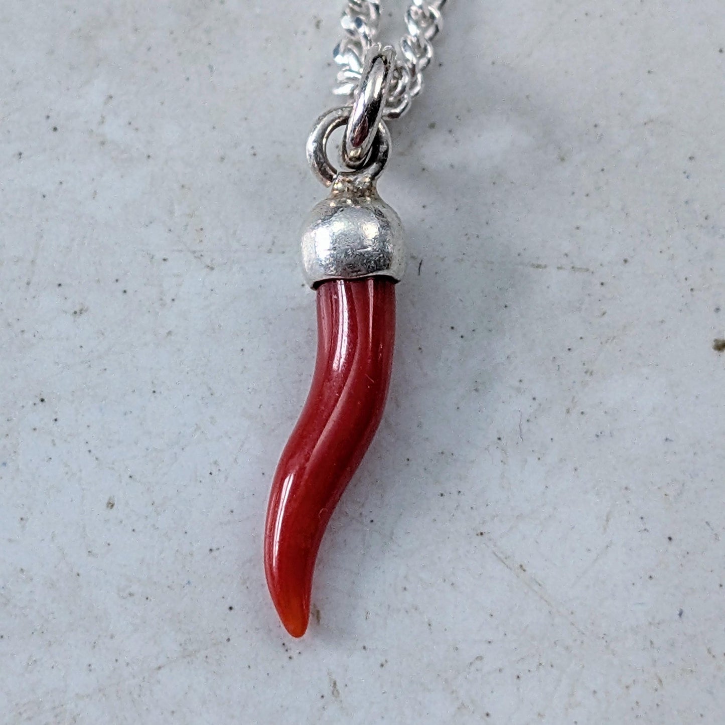 Sterling Silver Italian Red Coral Cornicello Necklace - Lucky Horn
