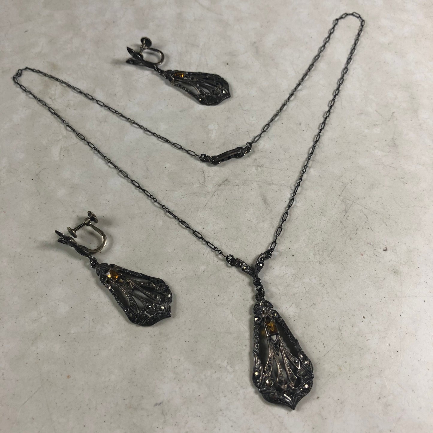 Antique Art Deco Sterling Silver Paste & Marcasite Jewellery Suite