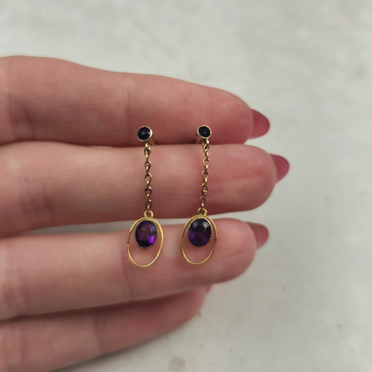Edwardian 9ct/10K Yellow Gold and Amethyst Conversion Earrings