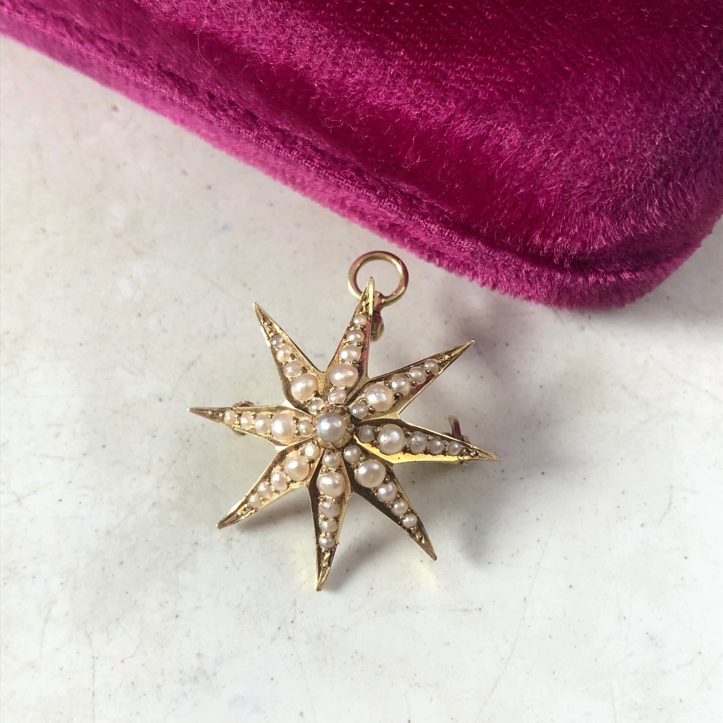 Edwardian 14k Gold Yellow Gold & Seed Pearl Starburst Convertible Pendant Brooch
