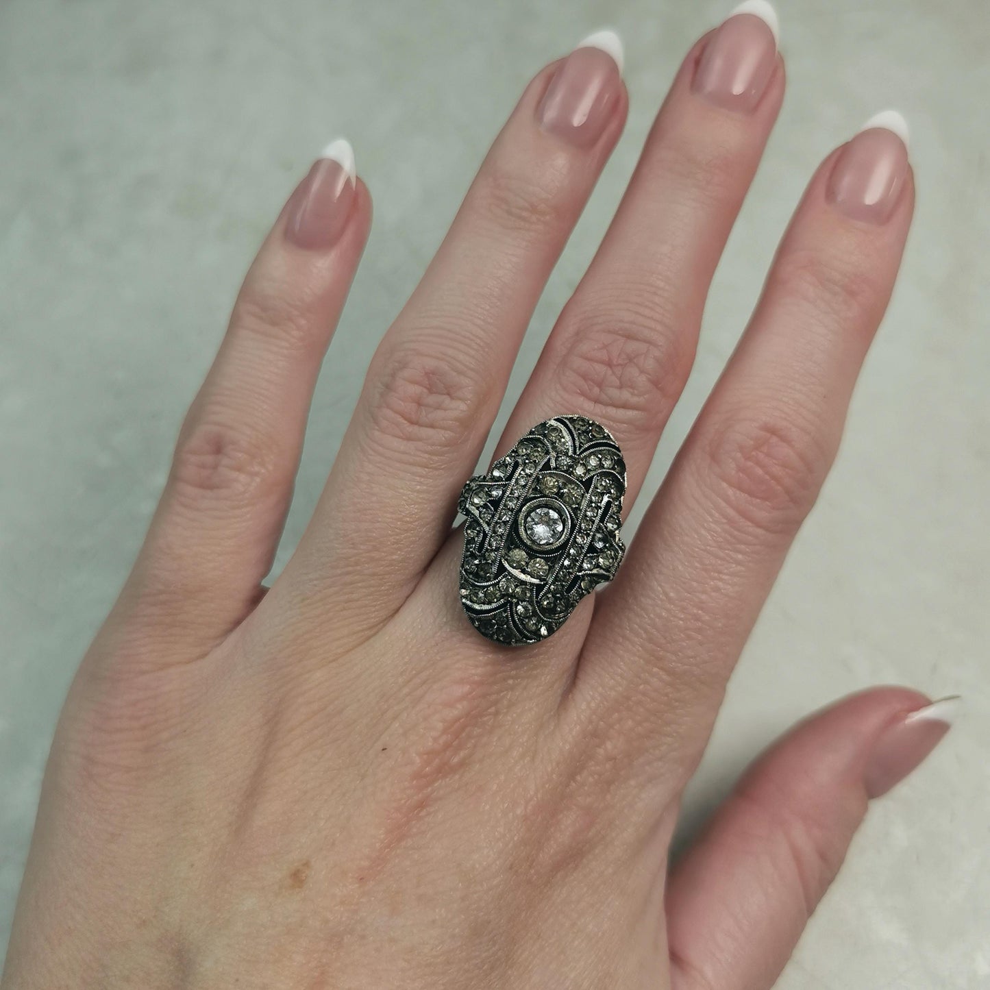 Birks Art Deco Sterling Silver & Paste Large Statement Rhinestone Ring