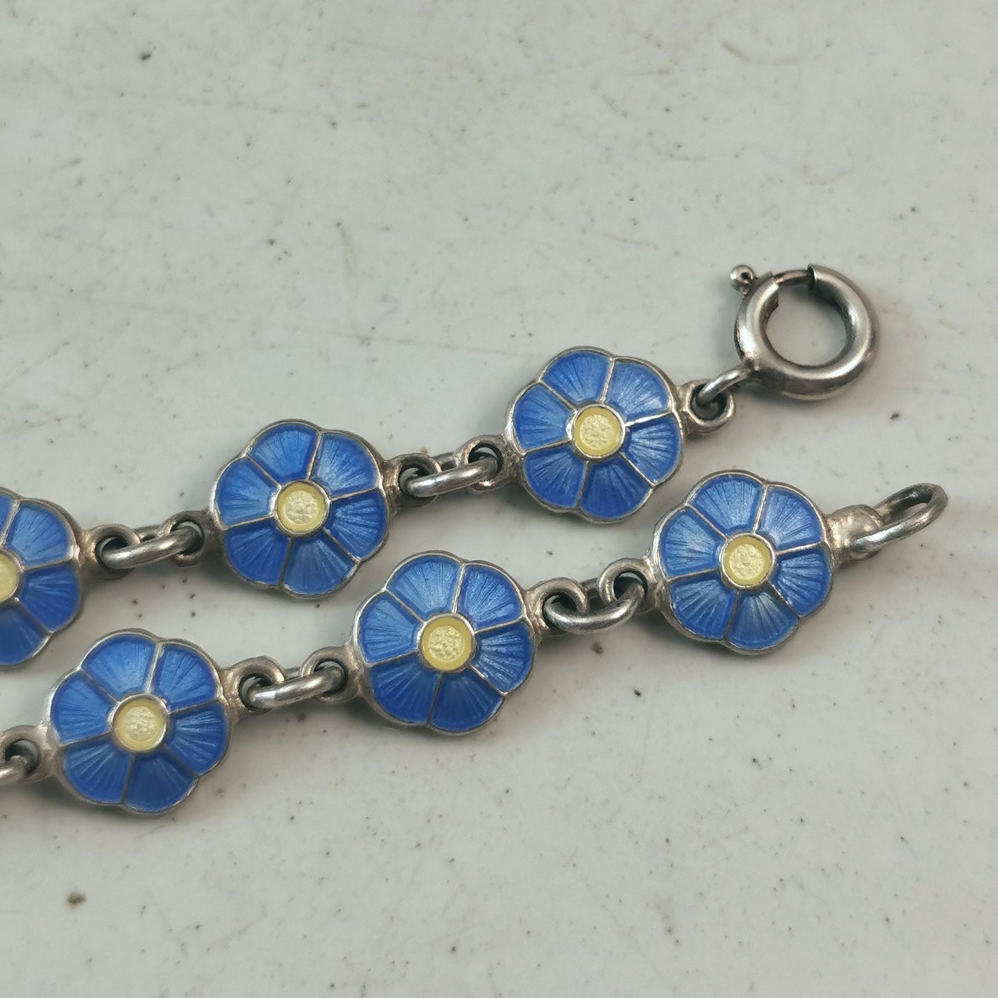 Vintage Volmer Bahner Sterling Silver and Enamel Flower Bracelet - Forget-me-not Blue Enamel Flowers- Adult Bracelet 7.5"