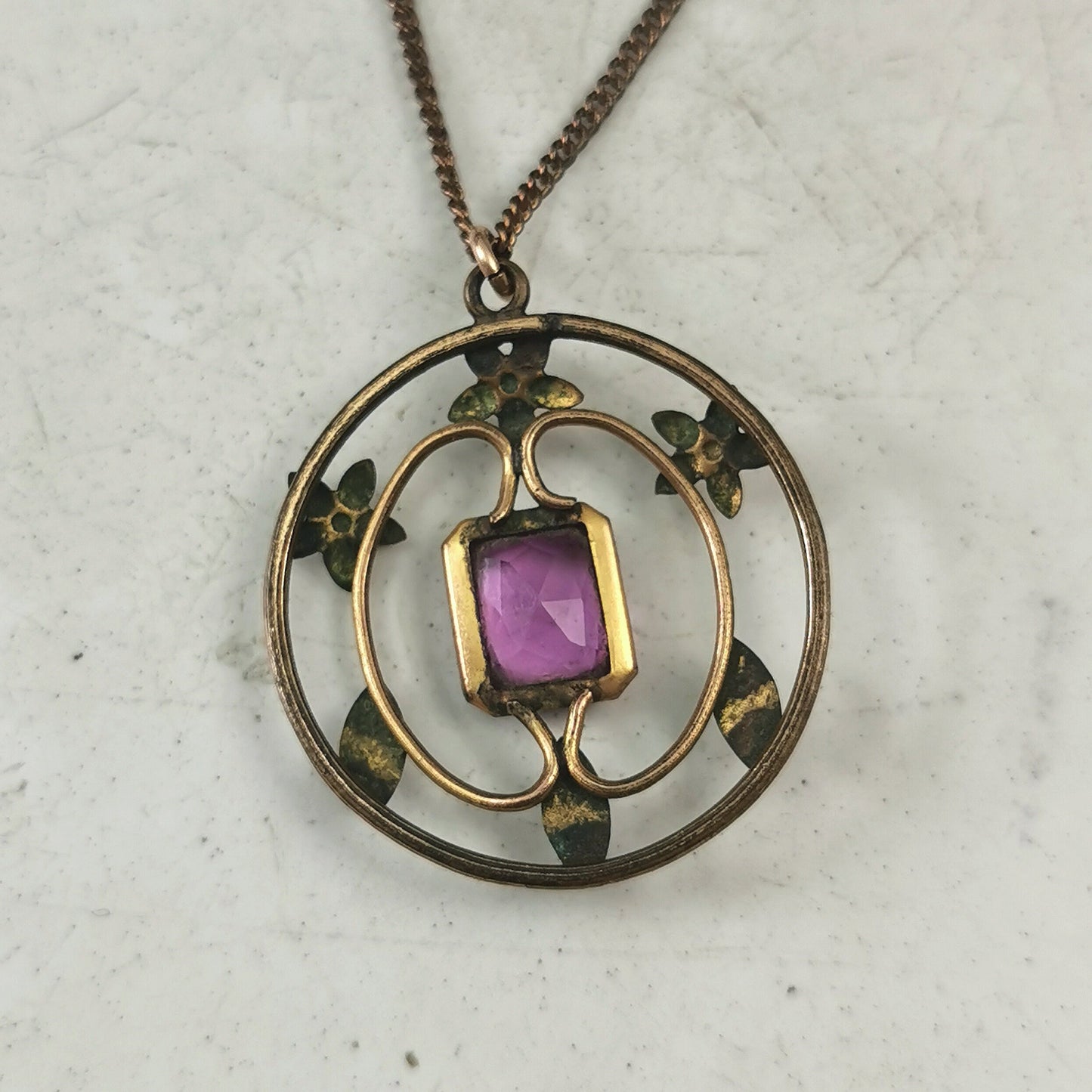 Antique Edwardian Gold Fill on Brass Necklace - Paste Amethyst Lavaliere Necklace - 17.5"