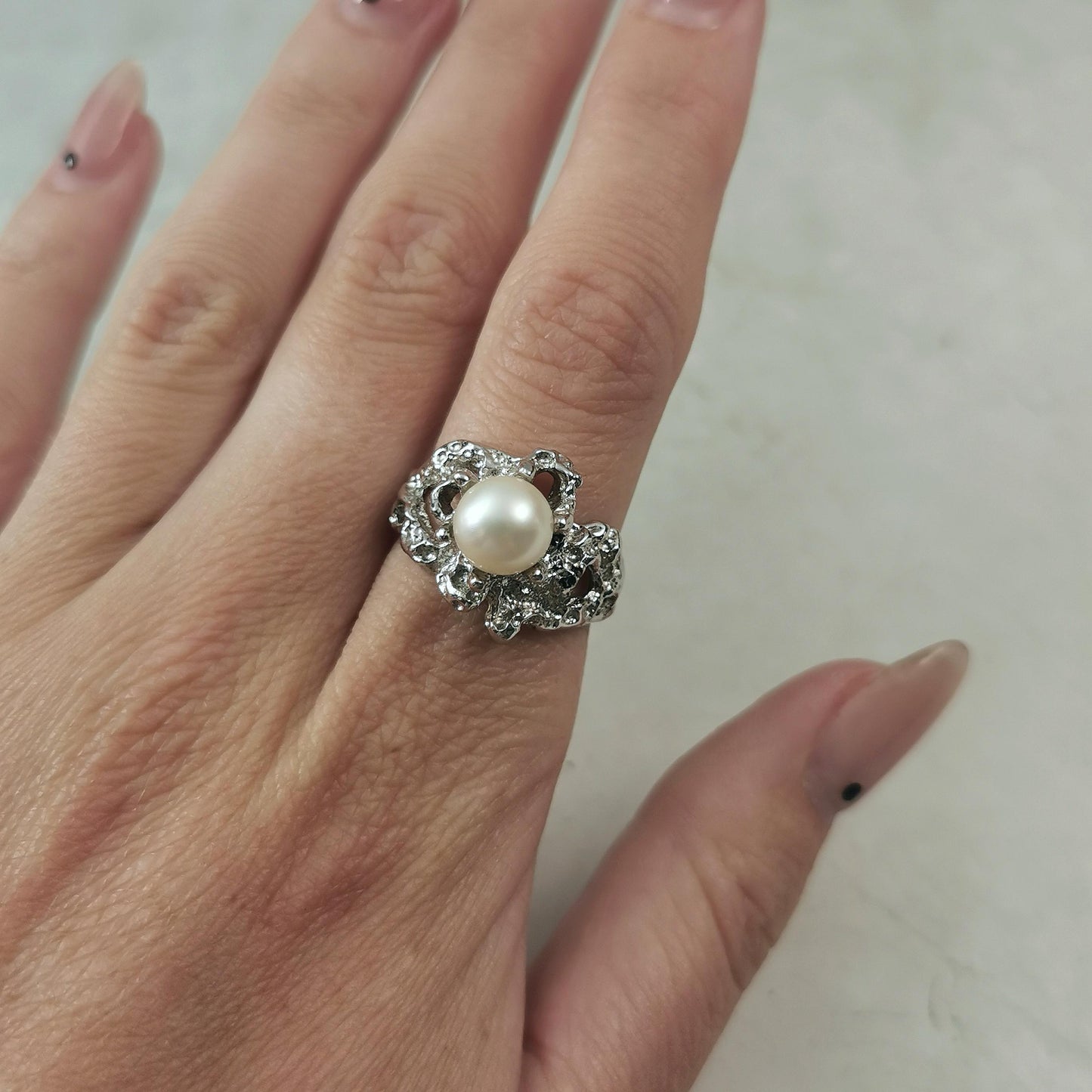 Vintage Mid-century Brutalist Sterling Silver Cultured Pearl Ring