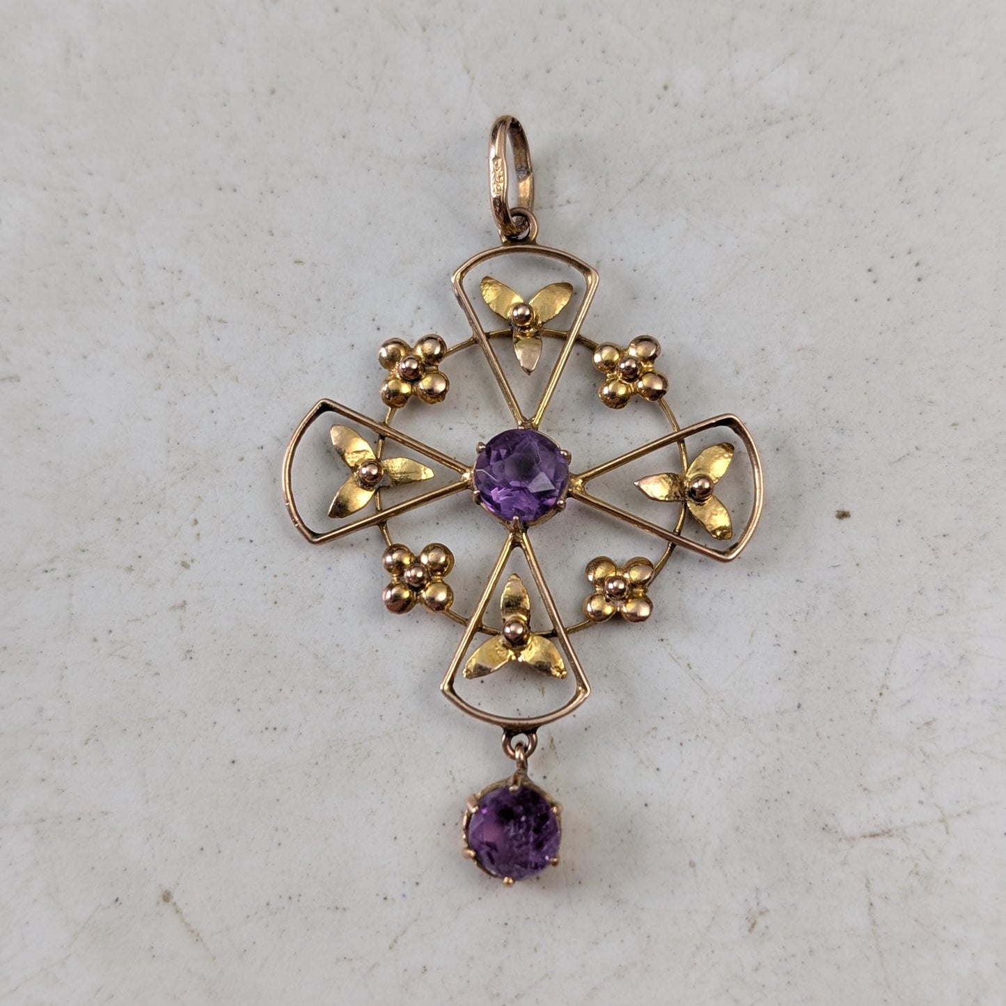 Antique Edwardian 10k Yellow Gold Amethyst Lavalier Pendant