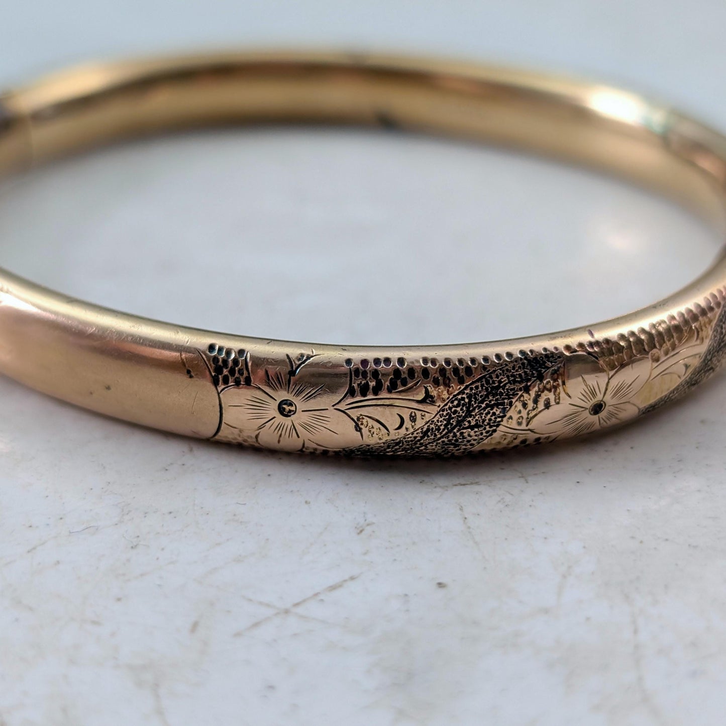 Antique Gold Filled Black Enamel Floral Engraved Bangle Bracelet