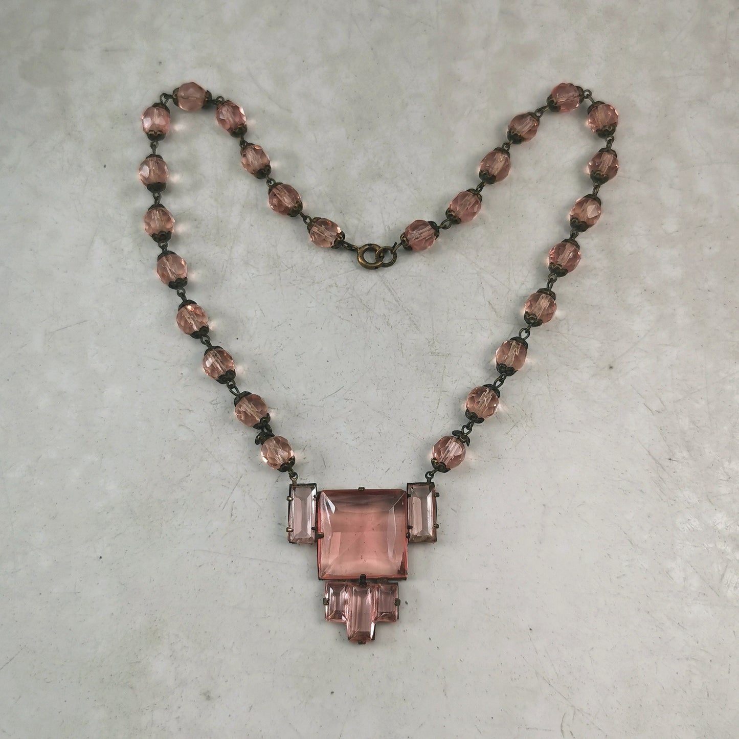 Antique Czech Pink Glass Panel Beaded Necklace