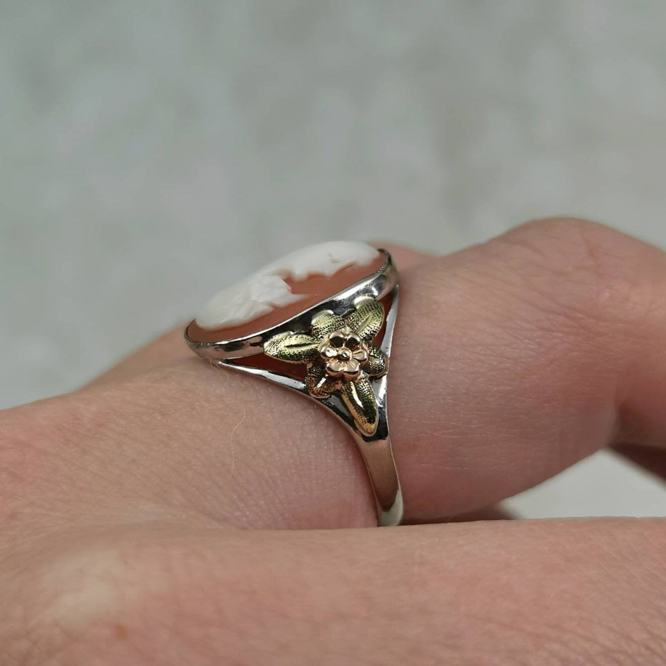 Art Deco 10k White Gold with Rose Gold Green Gold Accent Cameo Ring