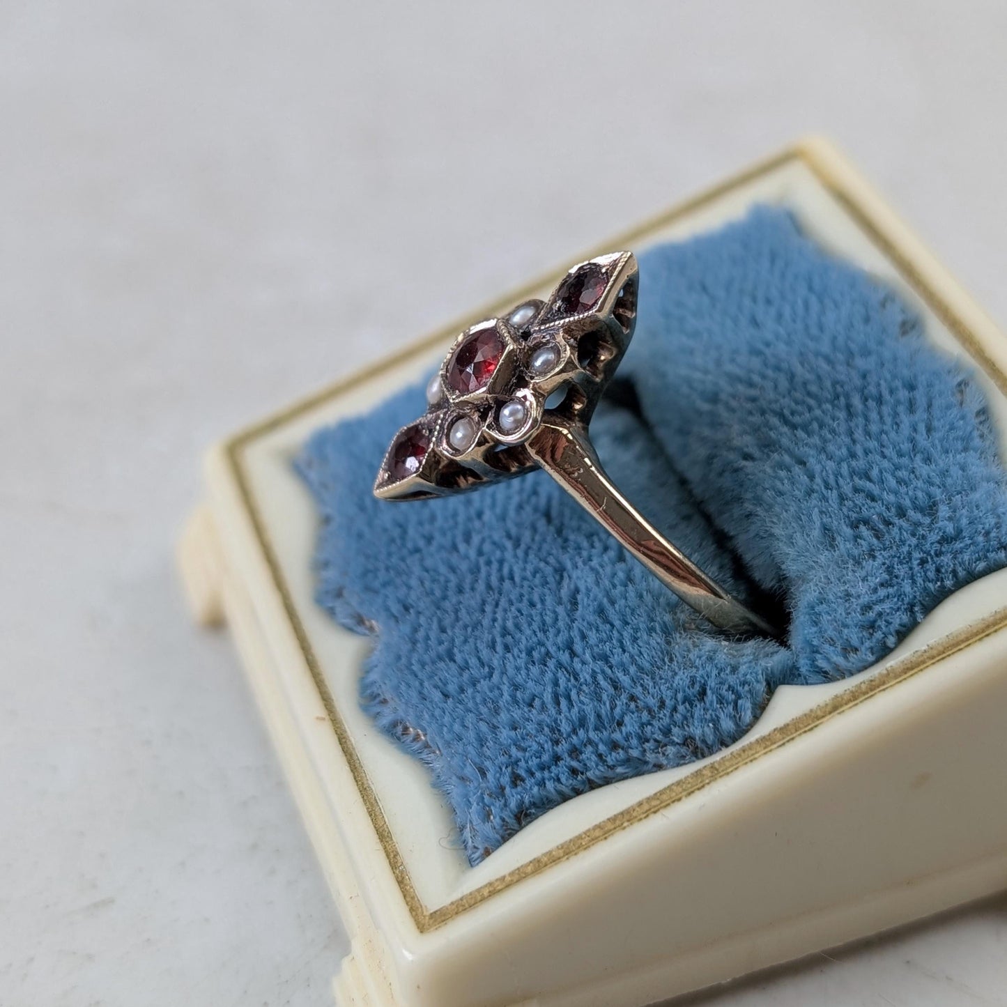 Art Deco 10k Yellow Gold Garnet and Seed Pearl Ring