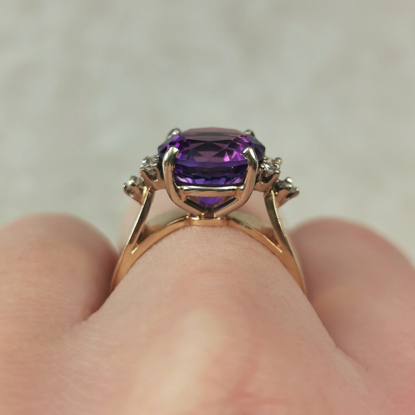 Estate 14k Yellow Gold Large Amethyst & Diamond Ring