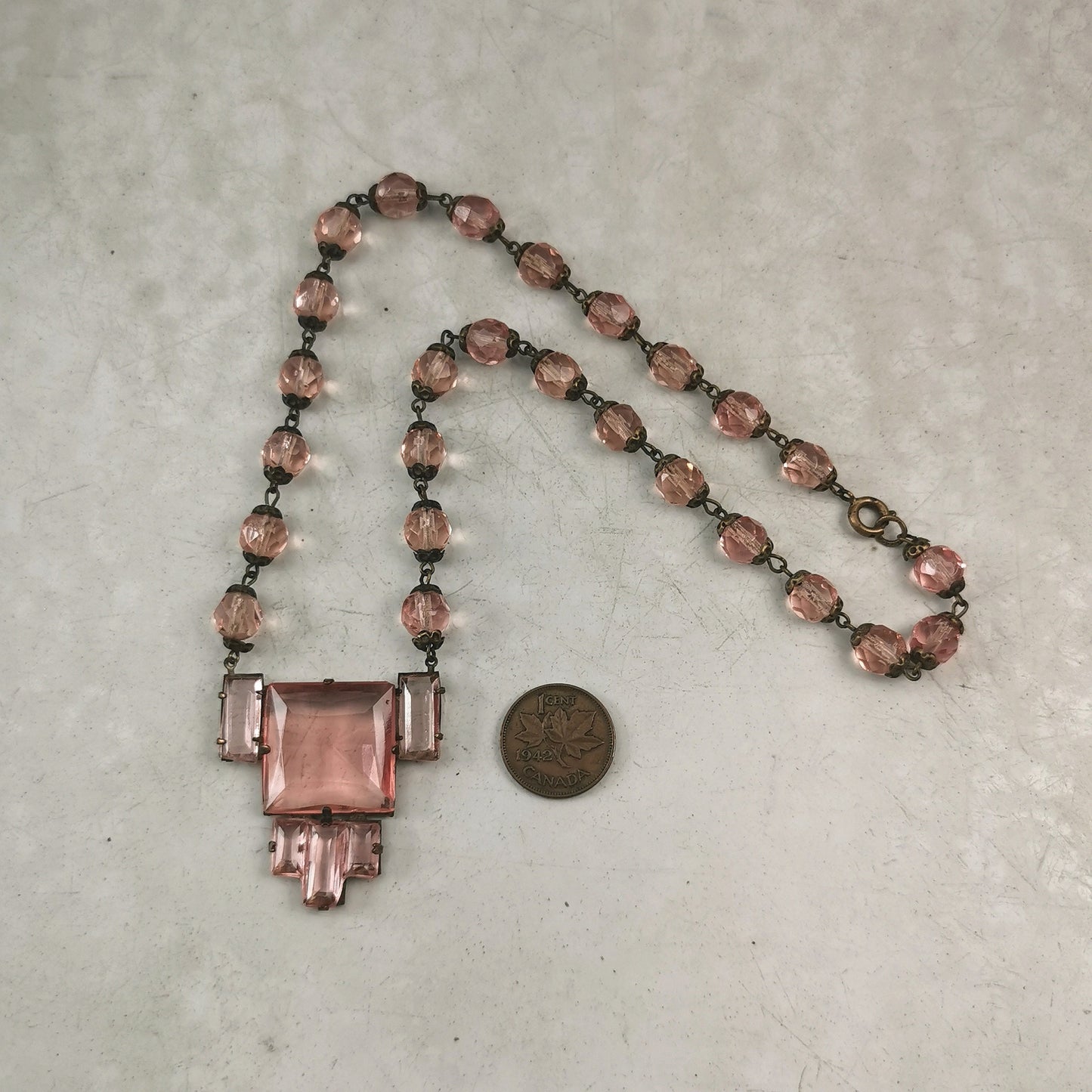 Antique Czech Pink Glass Panel Beaded Necklace