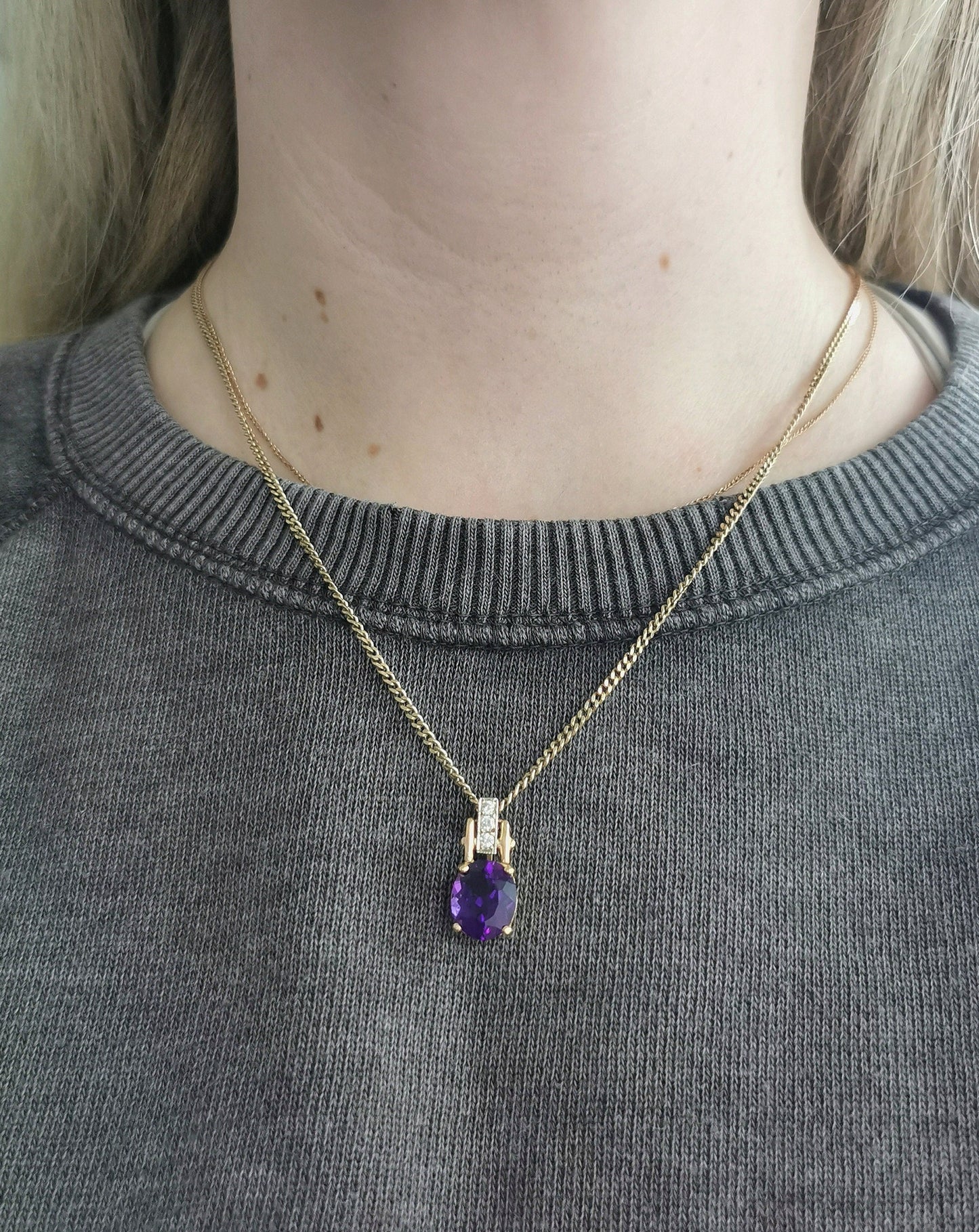 Vintage Large 14k Yellow and White Gold Amethyst and Diamond Pendant