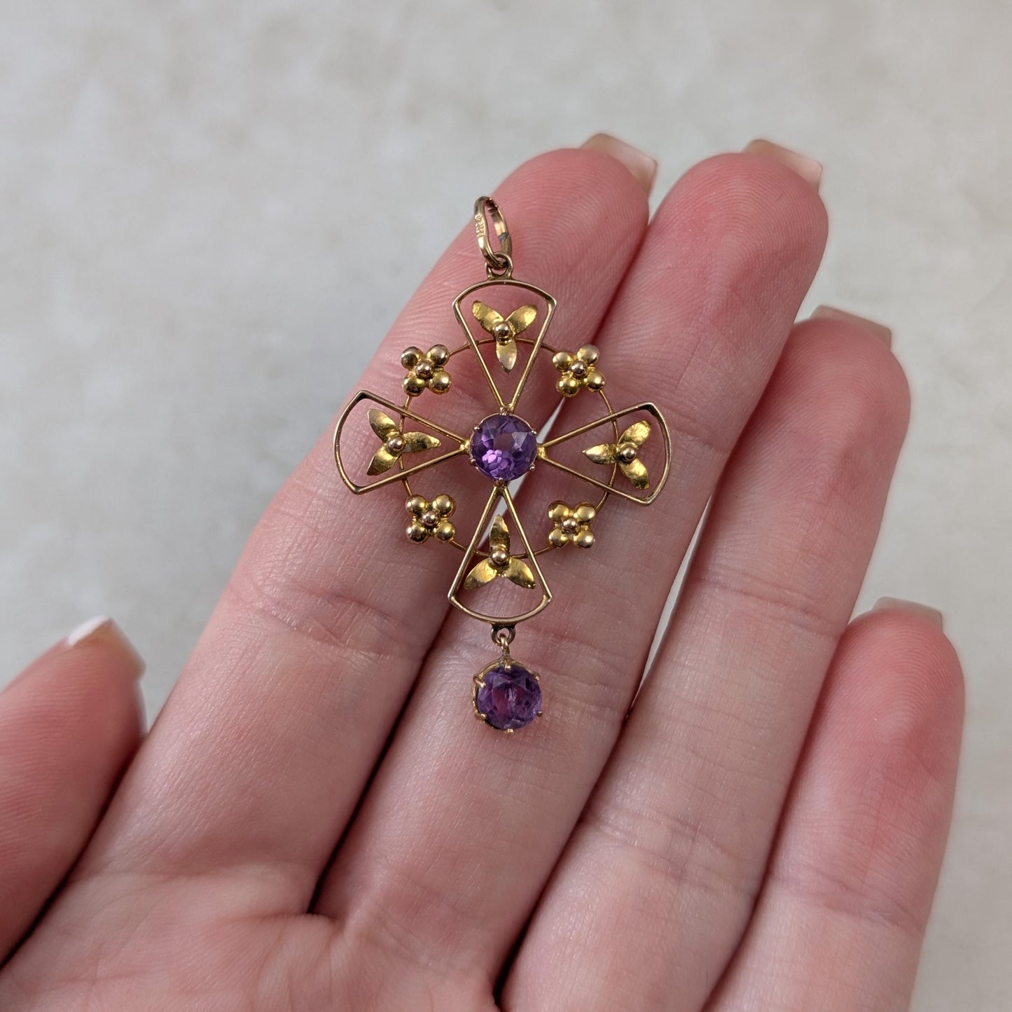 Antique Edwardian 10k Yellow Gold Amethyst Lavalier Pendant