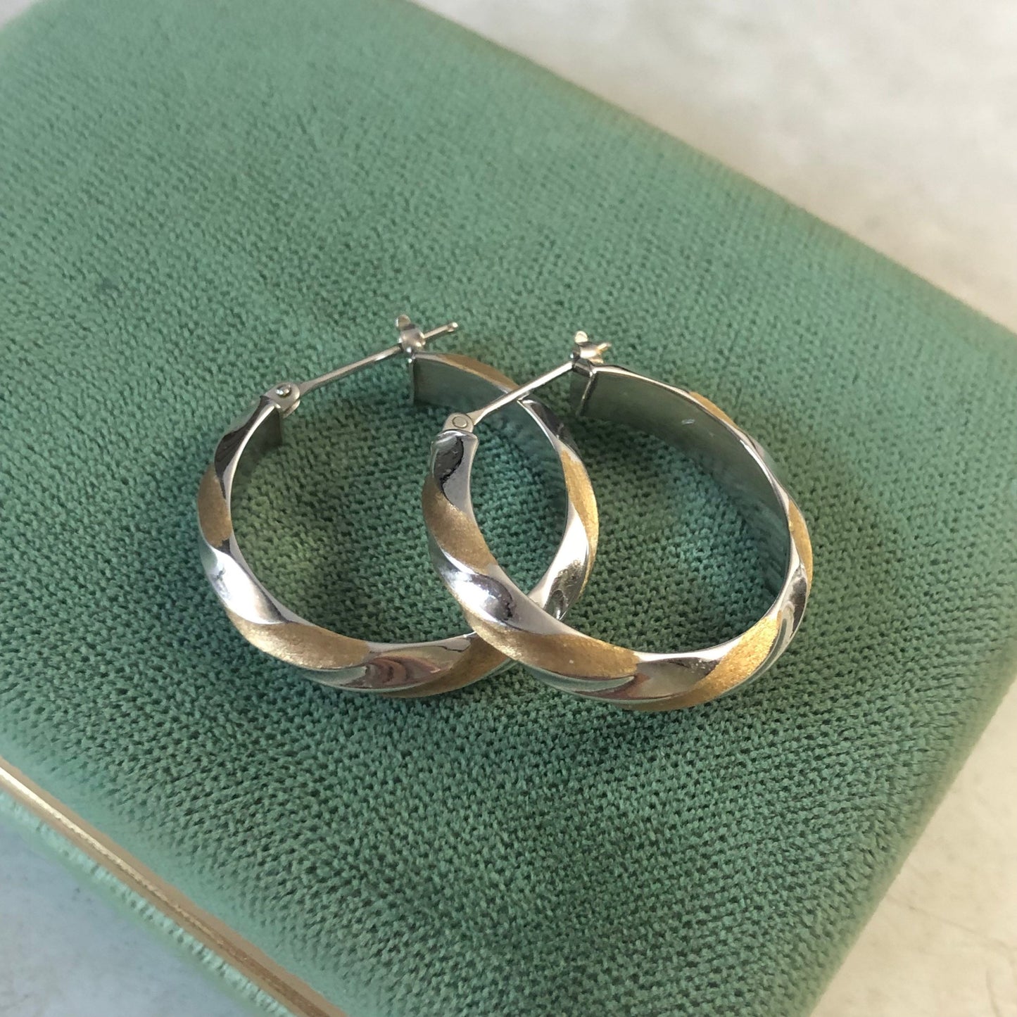 Estate 14k White & Yellow Gold Wide Twisted Hoop Earrings
