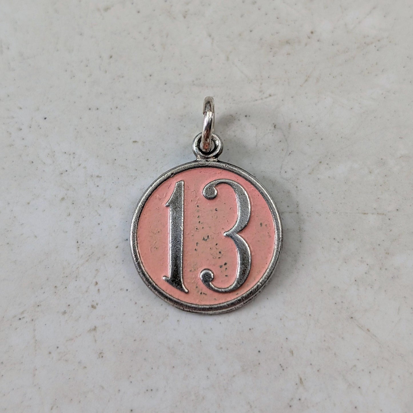 Vintage 1940's Sterling Silver & Pink Enamel Lucky Number 13 Charm