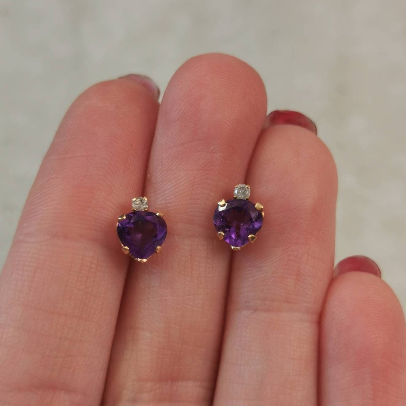 Estate 10k Yellow Gold Amethyst Heart and Diamond Studs