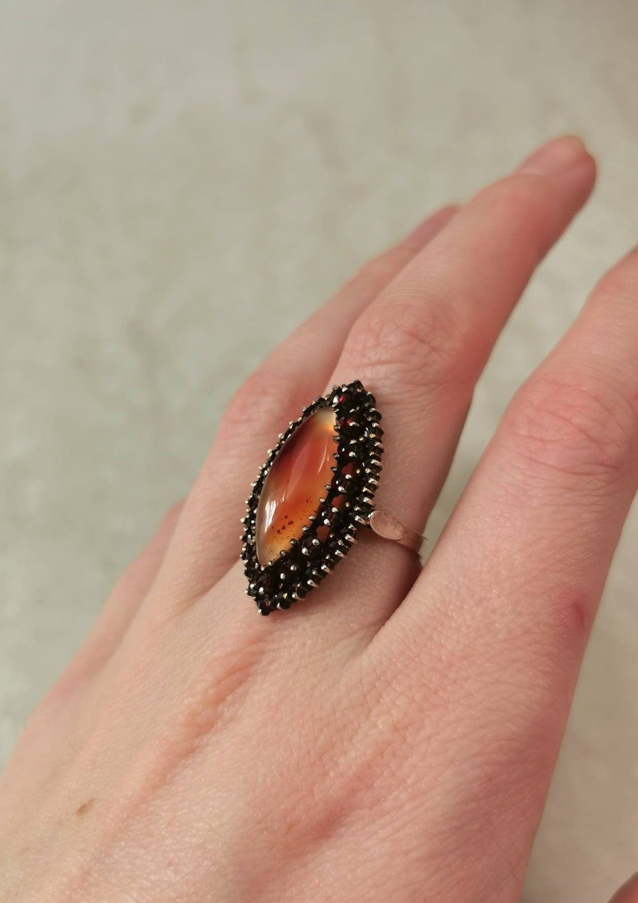 Bohemian 900 Silver Rose Cut Garnet Navette Ring