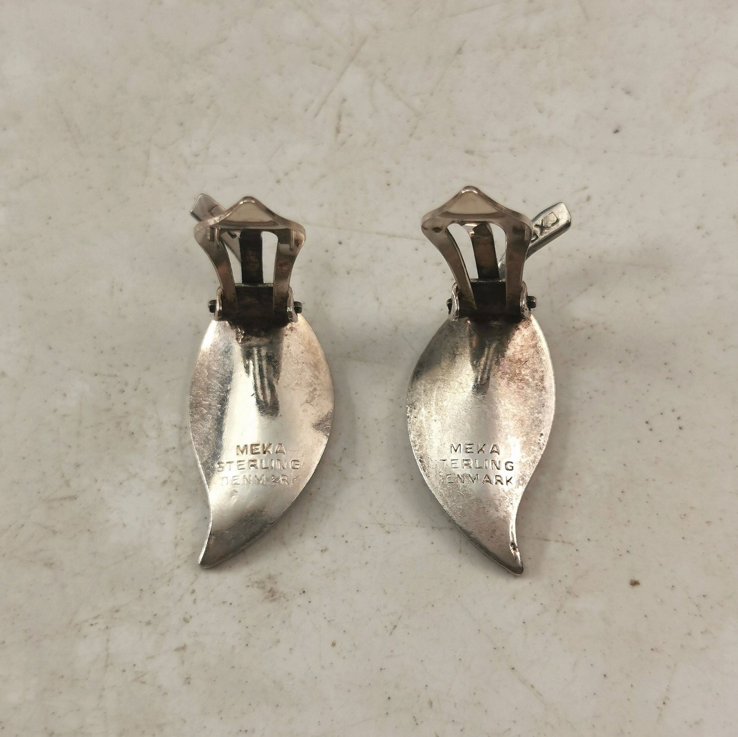 Vintage Meka Denmark Sterling Silver Green Enamel Leaf Ear Clips