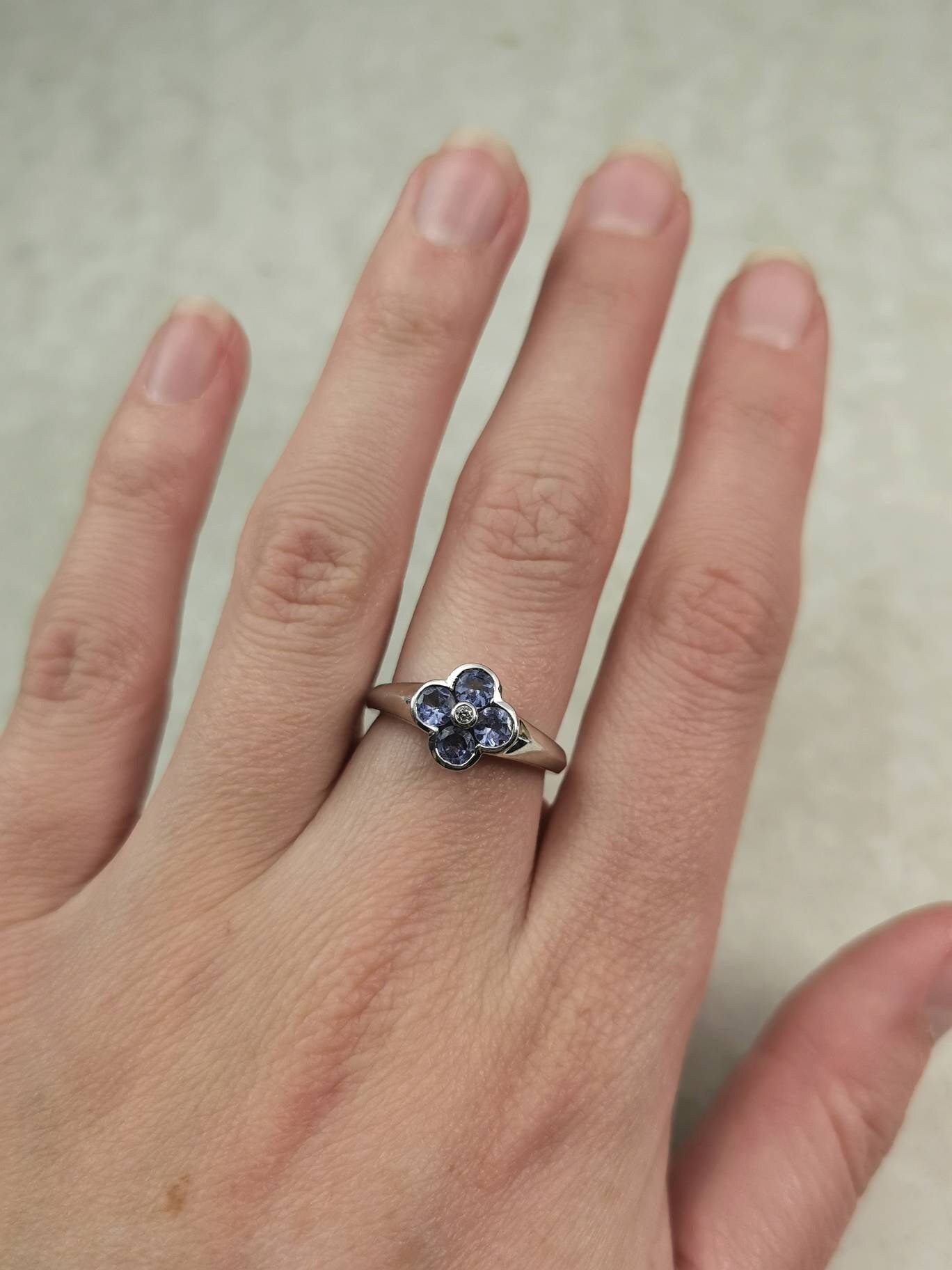 Estate 10k White Gold Tanzanite and Diamond Quatrefoil Flower Ring