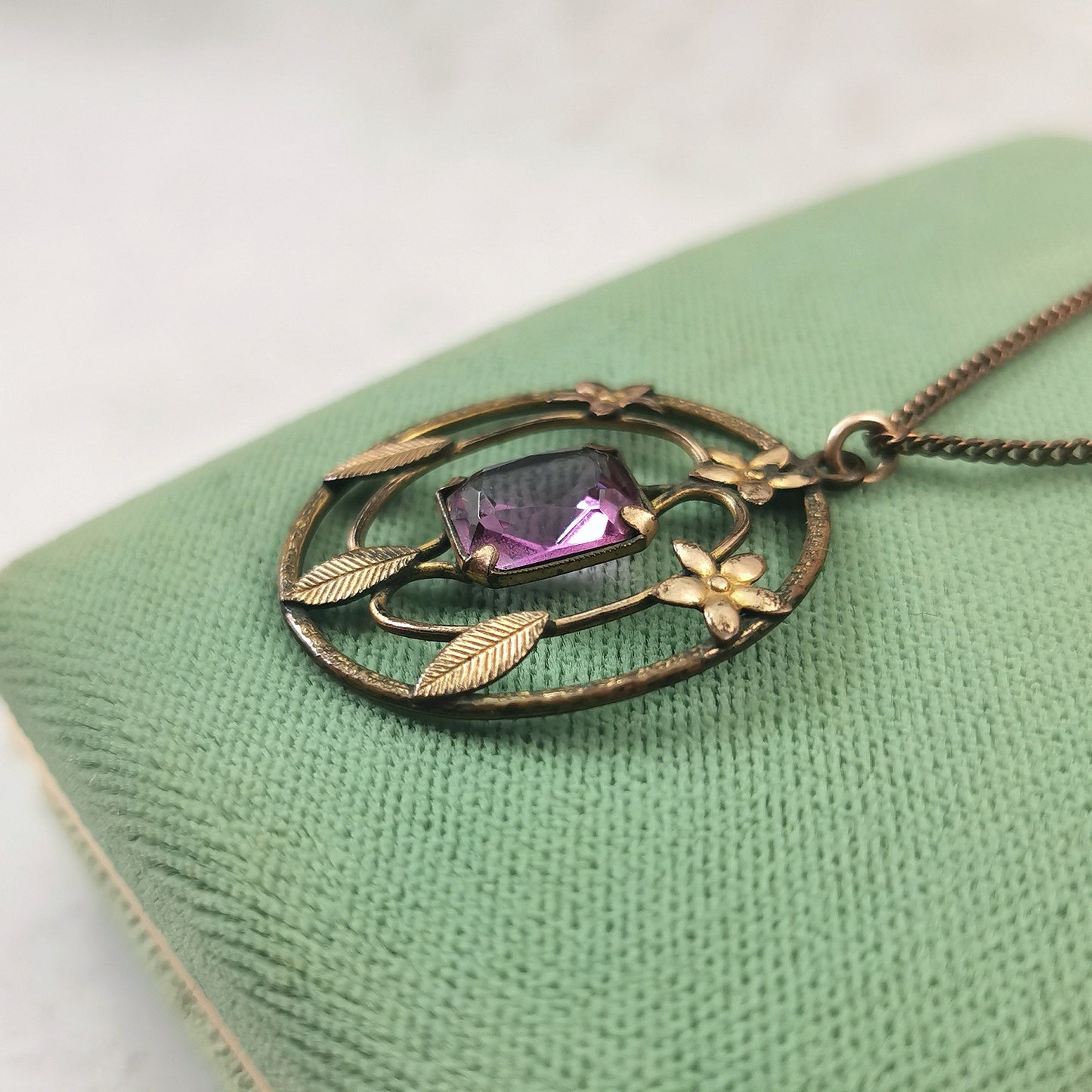 Antique Edwardian Gold Fill on Brass Necklace - Paste Amethyst Lavaliere Necklace - 17.5"