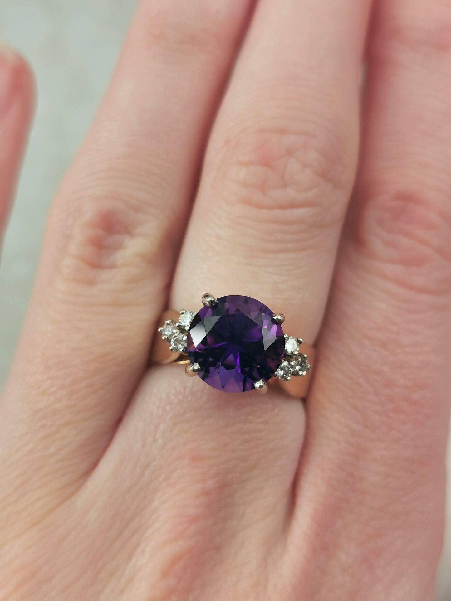 Estate 14k Yellow Gold Large Amethyst & Diamond Ring