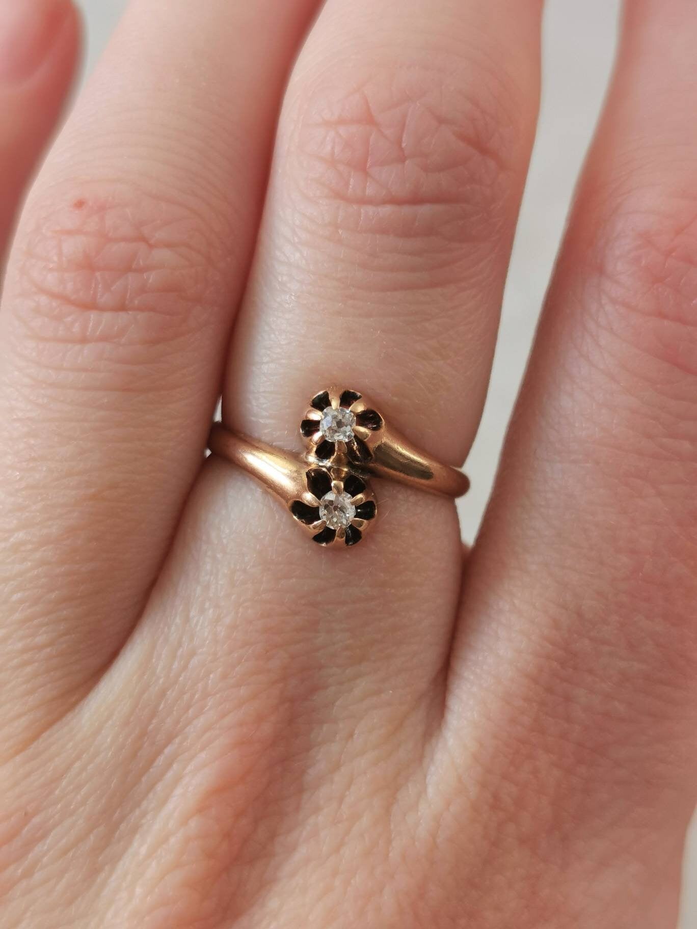 Victorian 10k Yellow Gold Old Mine Cut Diamond Toi & Moi Ring