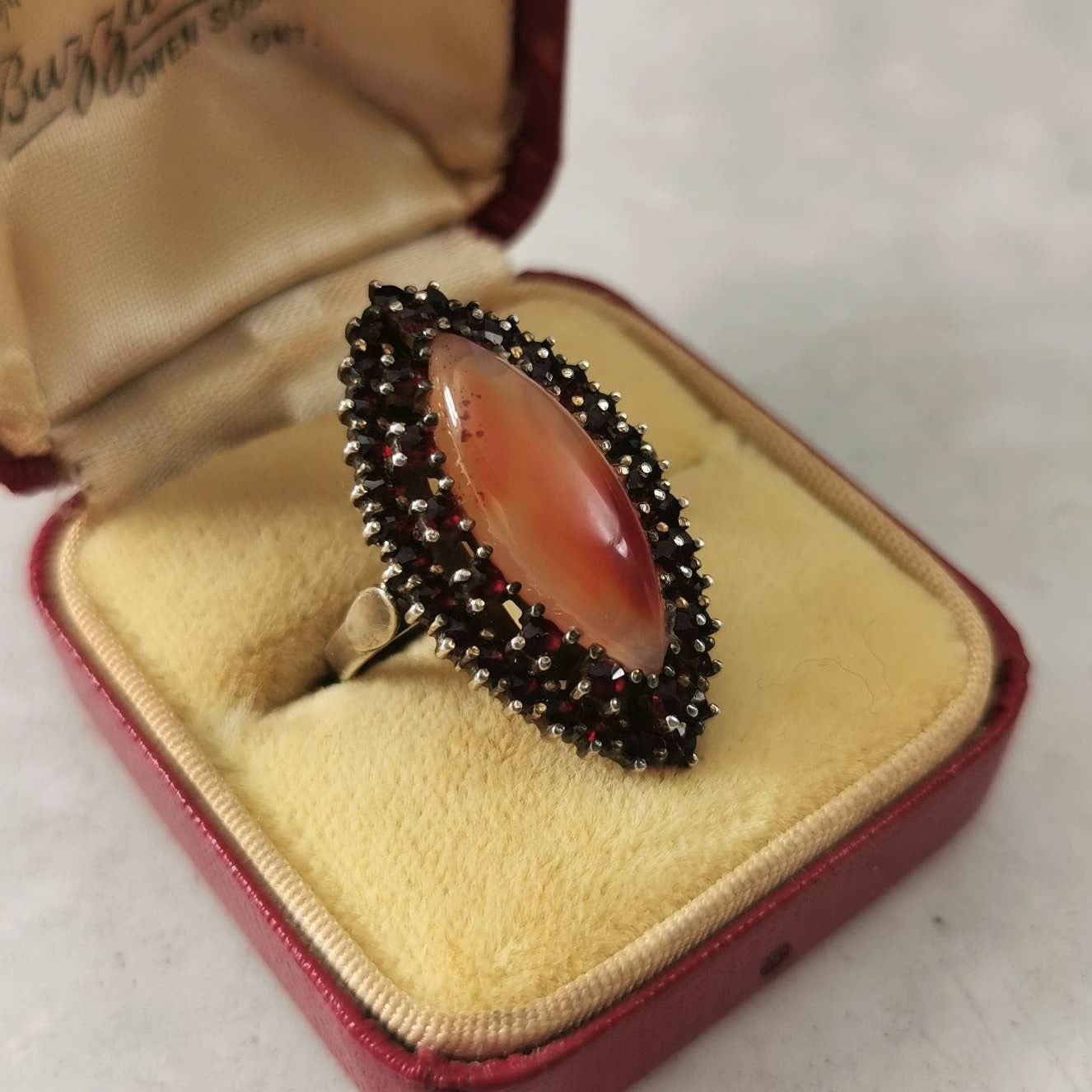 Bohemian 900 Silver Rose Cut Garnet Navette Ring