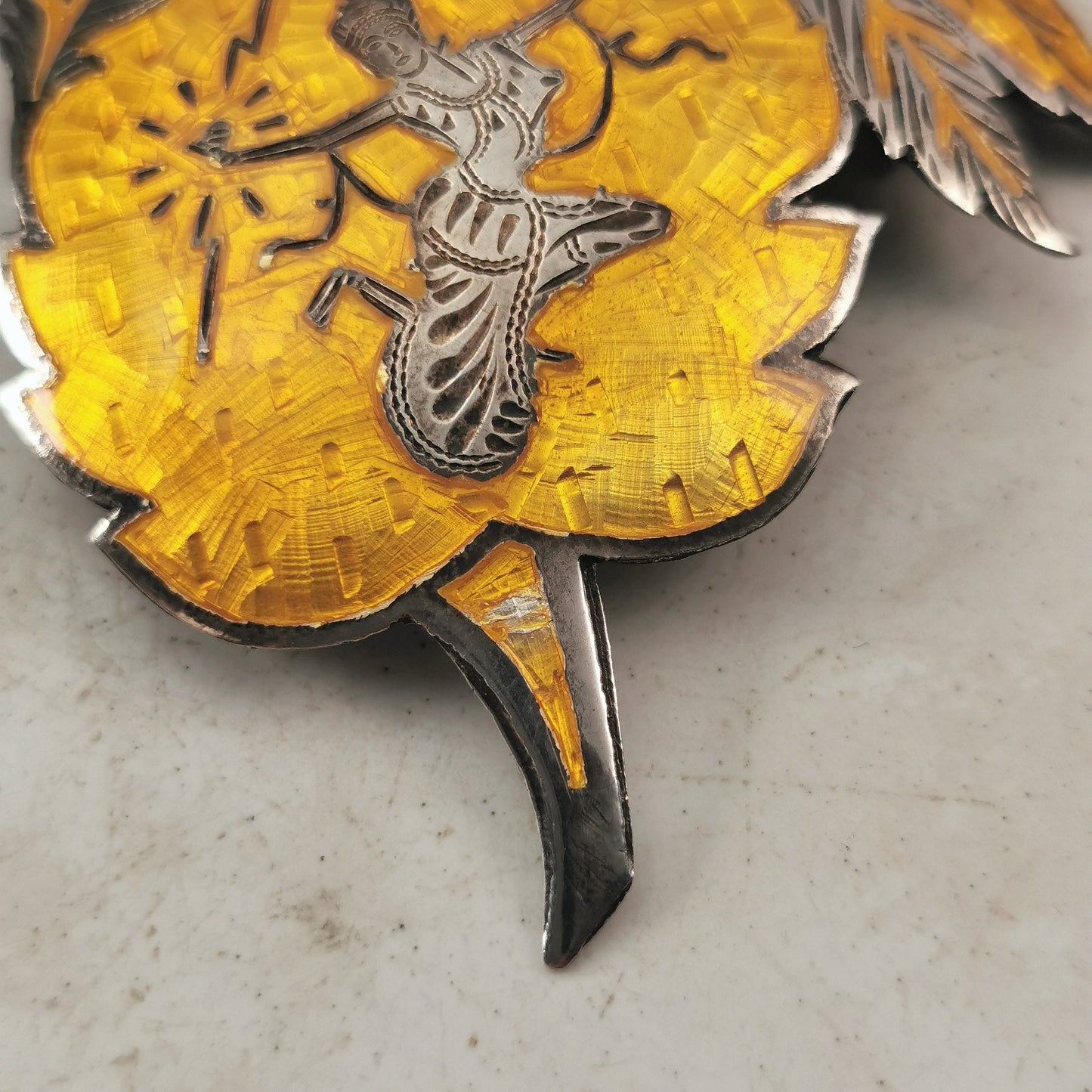 Vintage Siam Sterling Silver and Yellow Enamel Set - Fancy Link Bracelet & Brooch Pendant