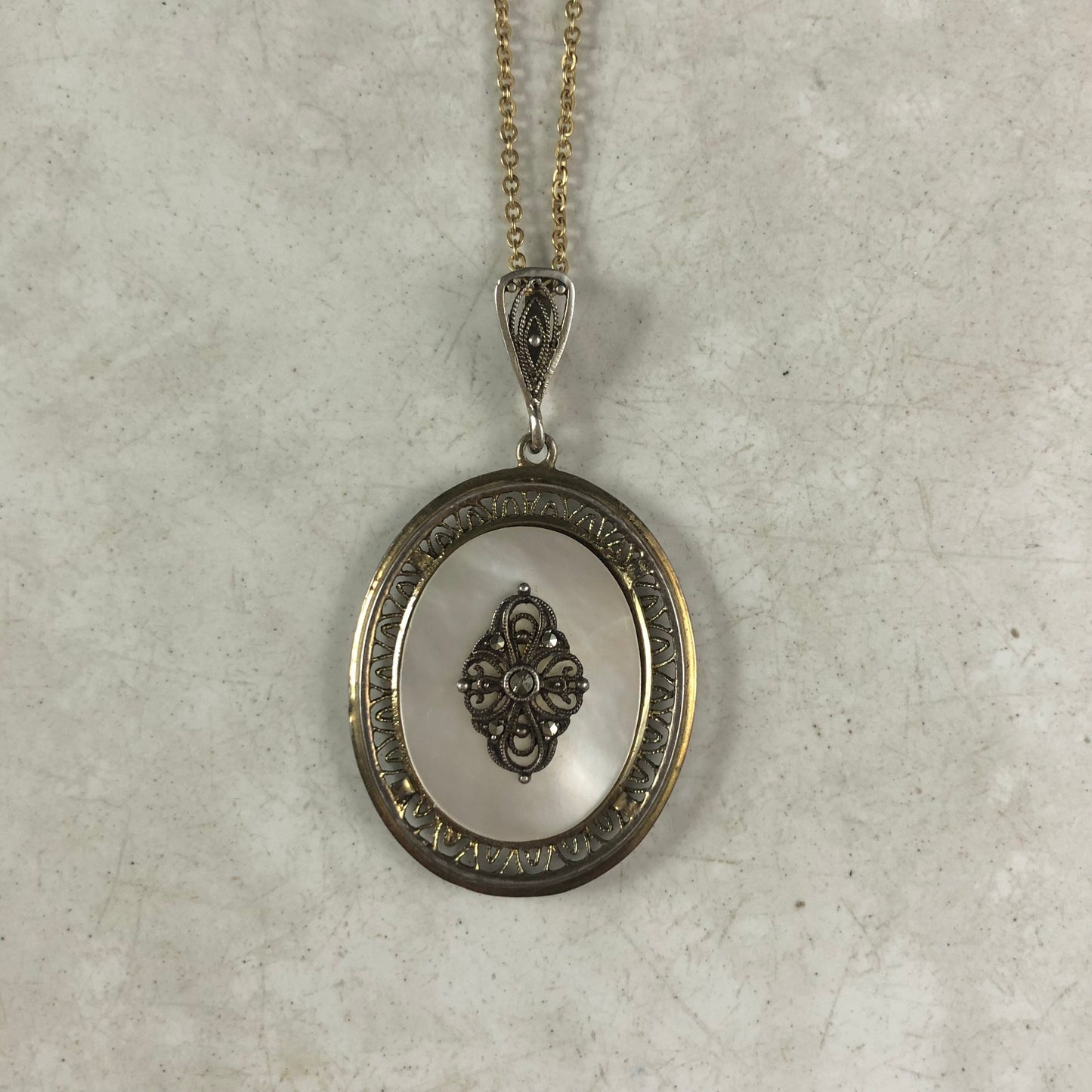 Art Deco 835 Silver Mother of Pearl and Marcasite Filigree Necklace