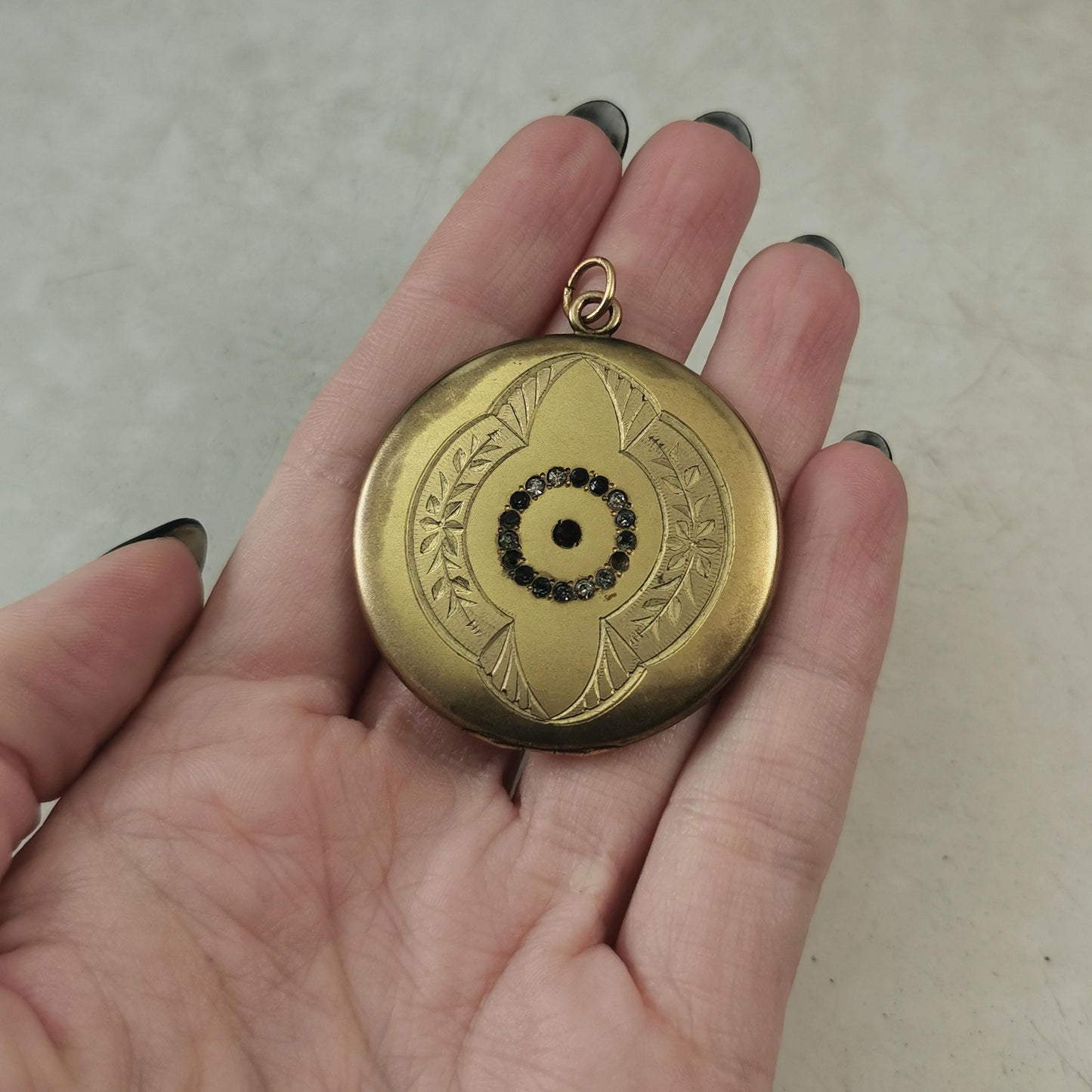 Victorian Edwardian Gold Filled Large Locket - Paste Rhinestone - Flower Patterned Photo Locket