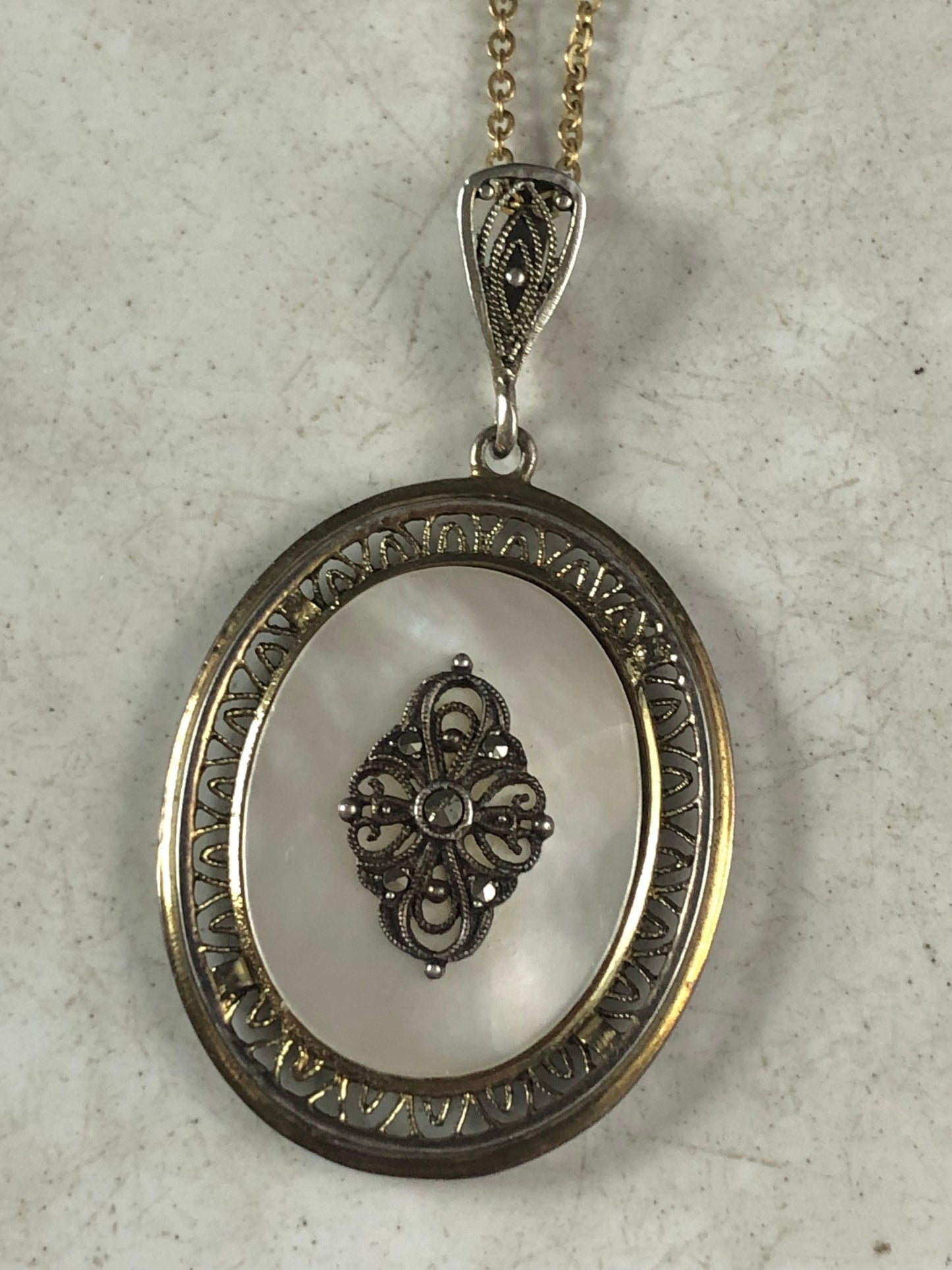 Art Deco 835 Silver Mother of Pearl and Marcasite Filigree Necklace
