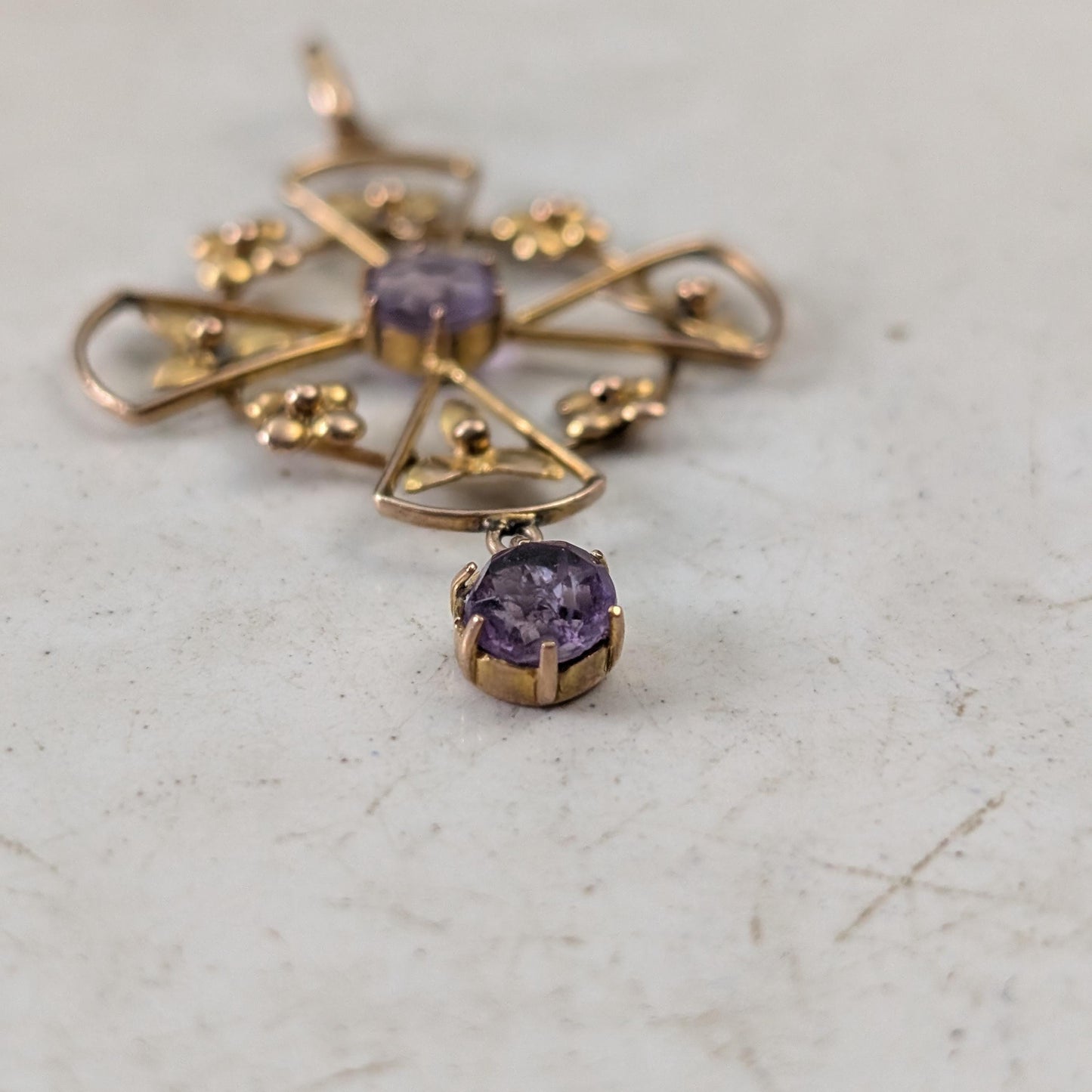 Antique Edwardian 10k Yellow Gold Amethyst Lavalier Pendant