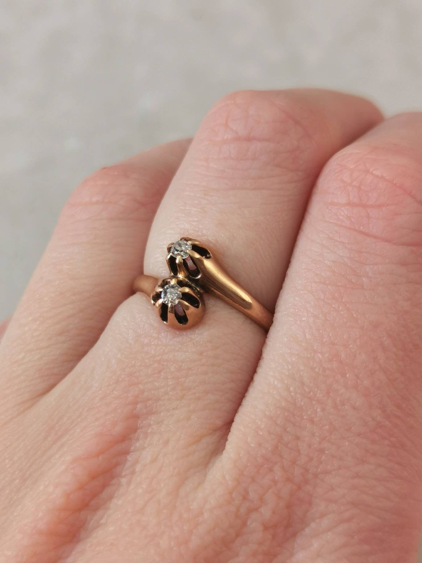 Victorian 10k Yellow Gold Old Mine Cut Diamond Toi & Moi Ring