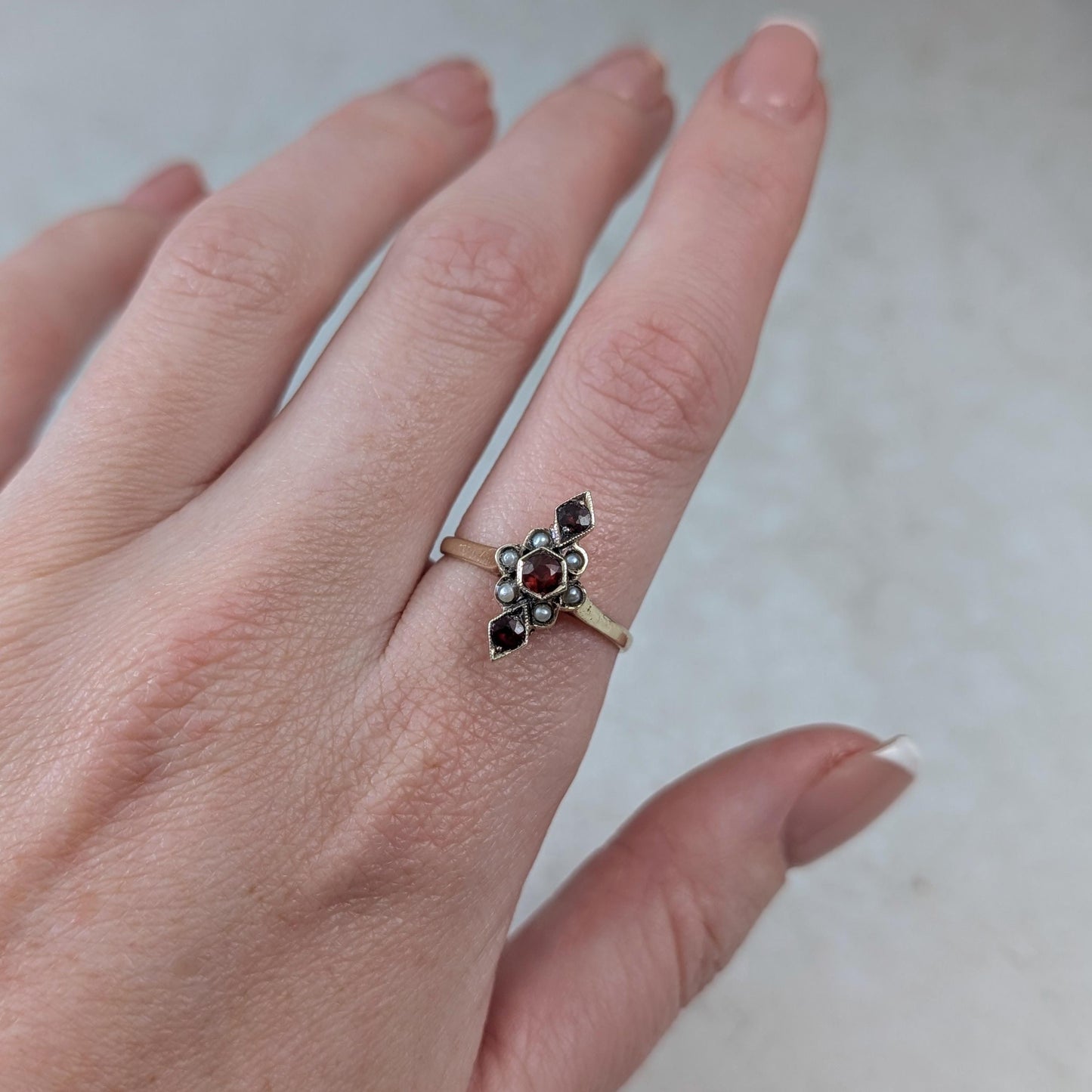 Art Deco 10k Yellow Gold Garnet and Seed Pearl Ring