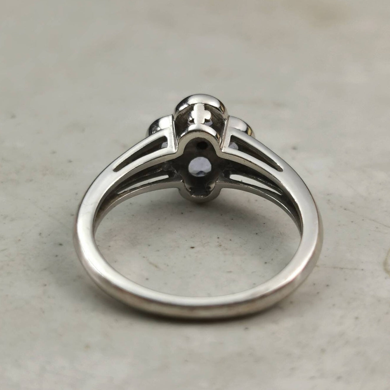 Estate 10k White Gold Tanzanite and Diamond Quatrefoil Flower Ring
